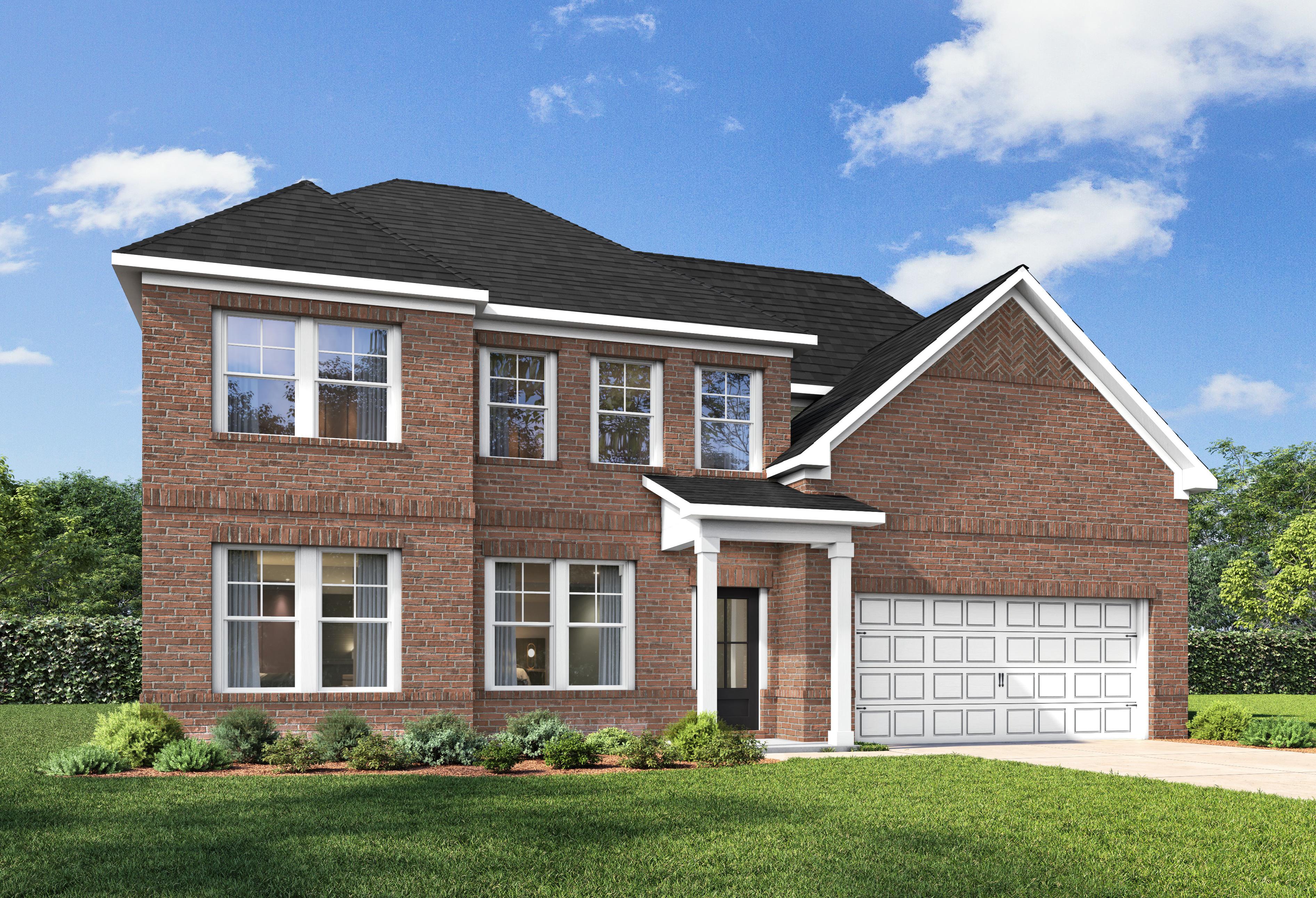 Two-story brick exterior of The Barrington D home design by Davidson Homes featuring a two-car garage in Priceville, Alabama.