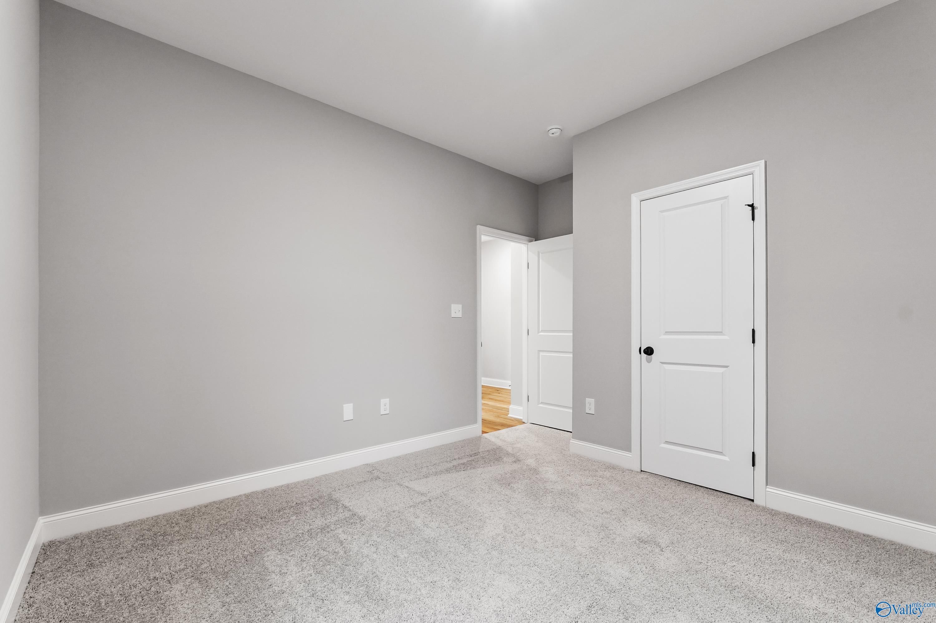 Empty bedroom with gray walls, white door, and neutral carpet in Davidson Homes The Asheville C, Meridianville, AL