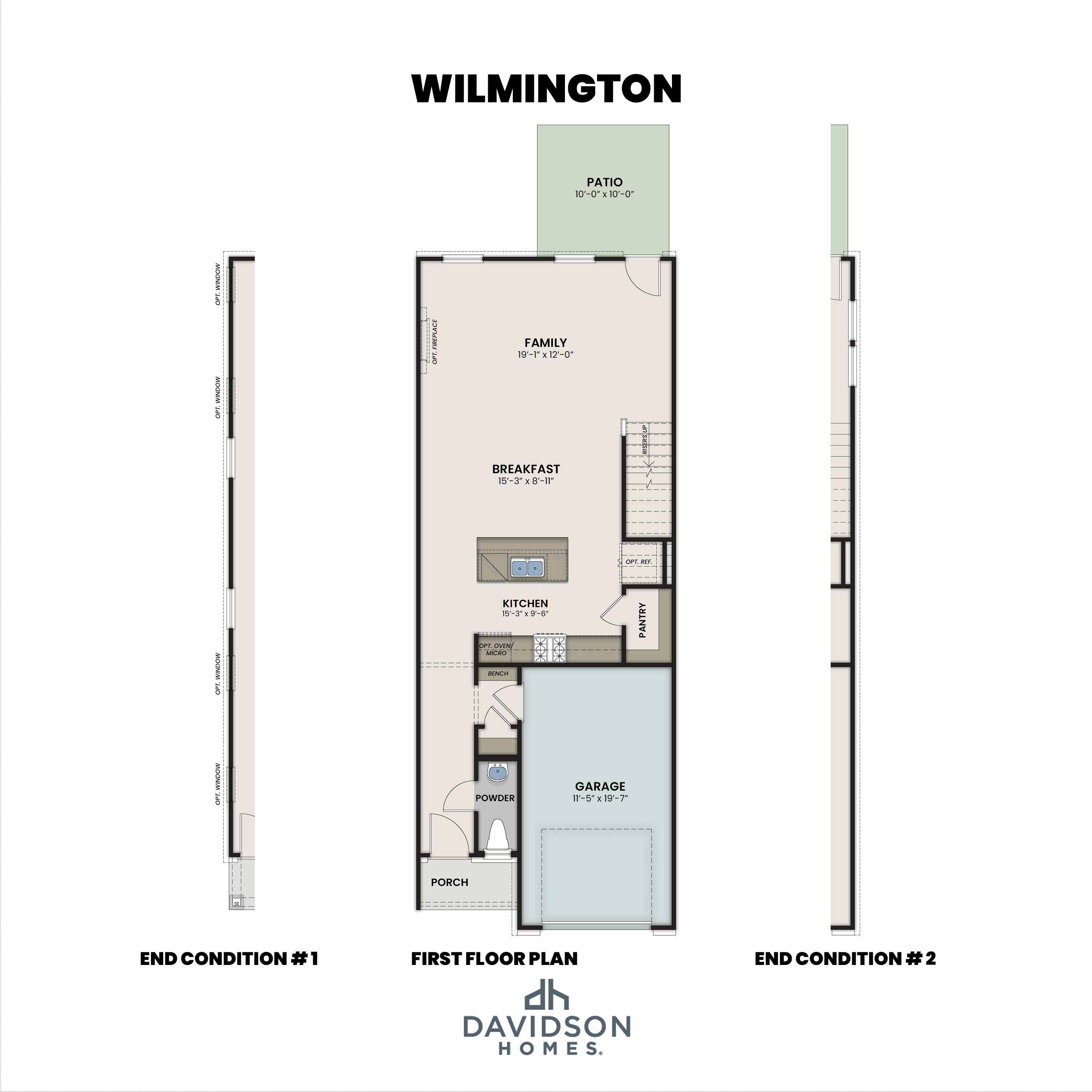 First floor floor plan of The Wilmington II showcasing an open-concept kitchen, family room, and 1-car garage layout.