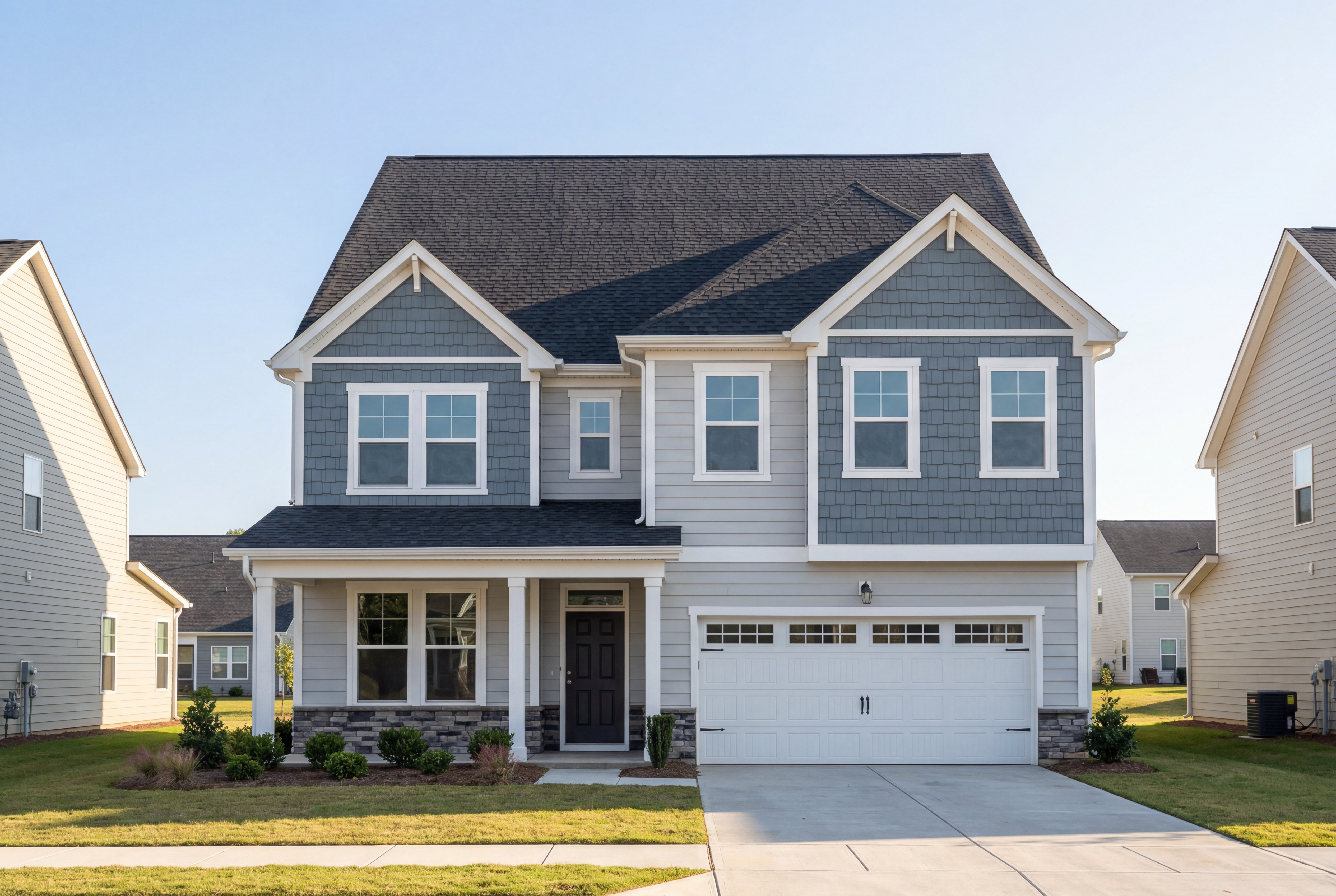 Two-story The Aspen C home by Davidson Homes featuring gray vinyl siding, stone accents, black roof, covered porch, and two-car garage in Holly Springs NC