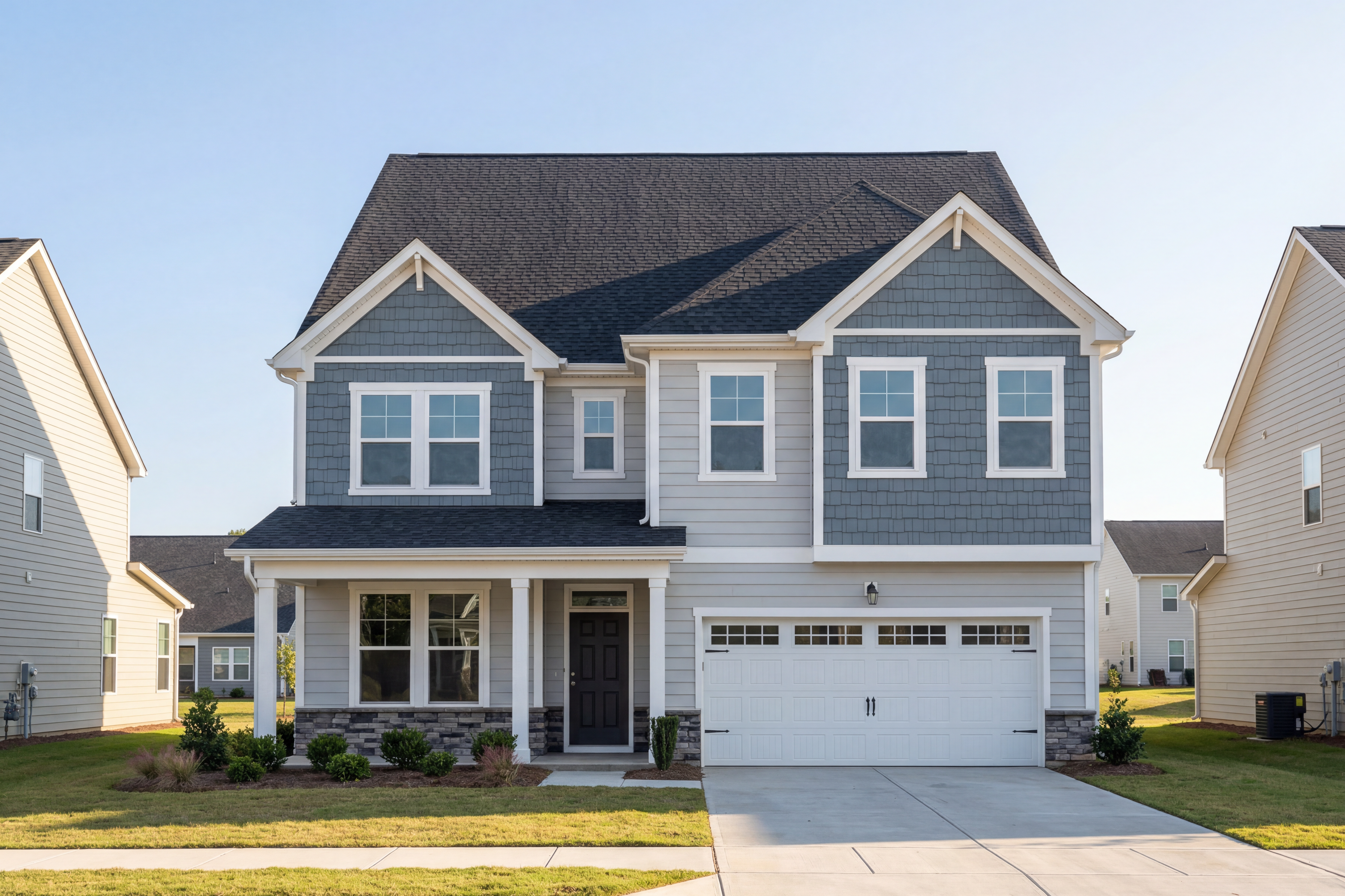 Two-story The Aspen C home by Davidson Homes featuring gray vinyl siding, stone accents, black roof, covered porch, and two-car garage in Holly Springs NC