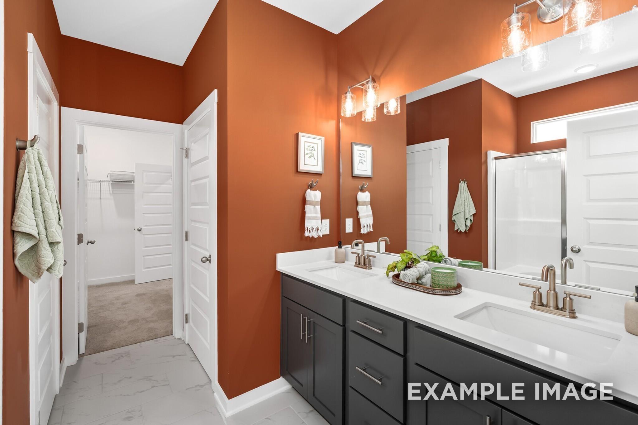 Modern bathroom with dual vanity, dark cabinets, and terracotta walls in The Ash A floor plan at Woods Crossing, Gallatin.