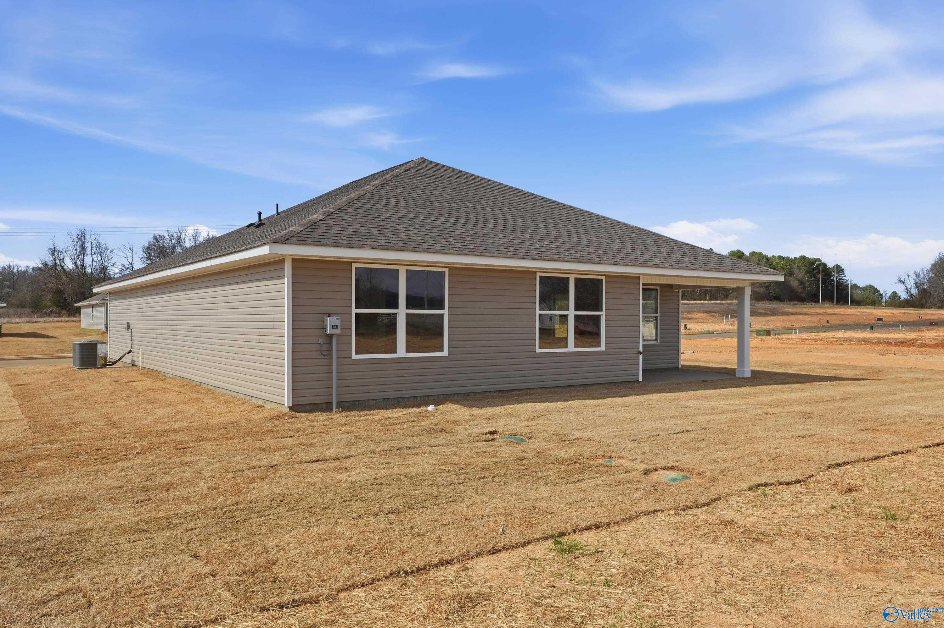Beige single-story The Franklin V home by Davidson Homes, featuring gabled roof, large windows, covered porch, and 2-car garage in Chapel Hill, Athens, Alabama