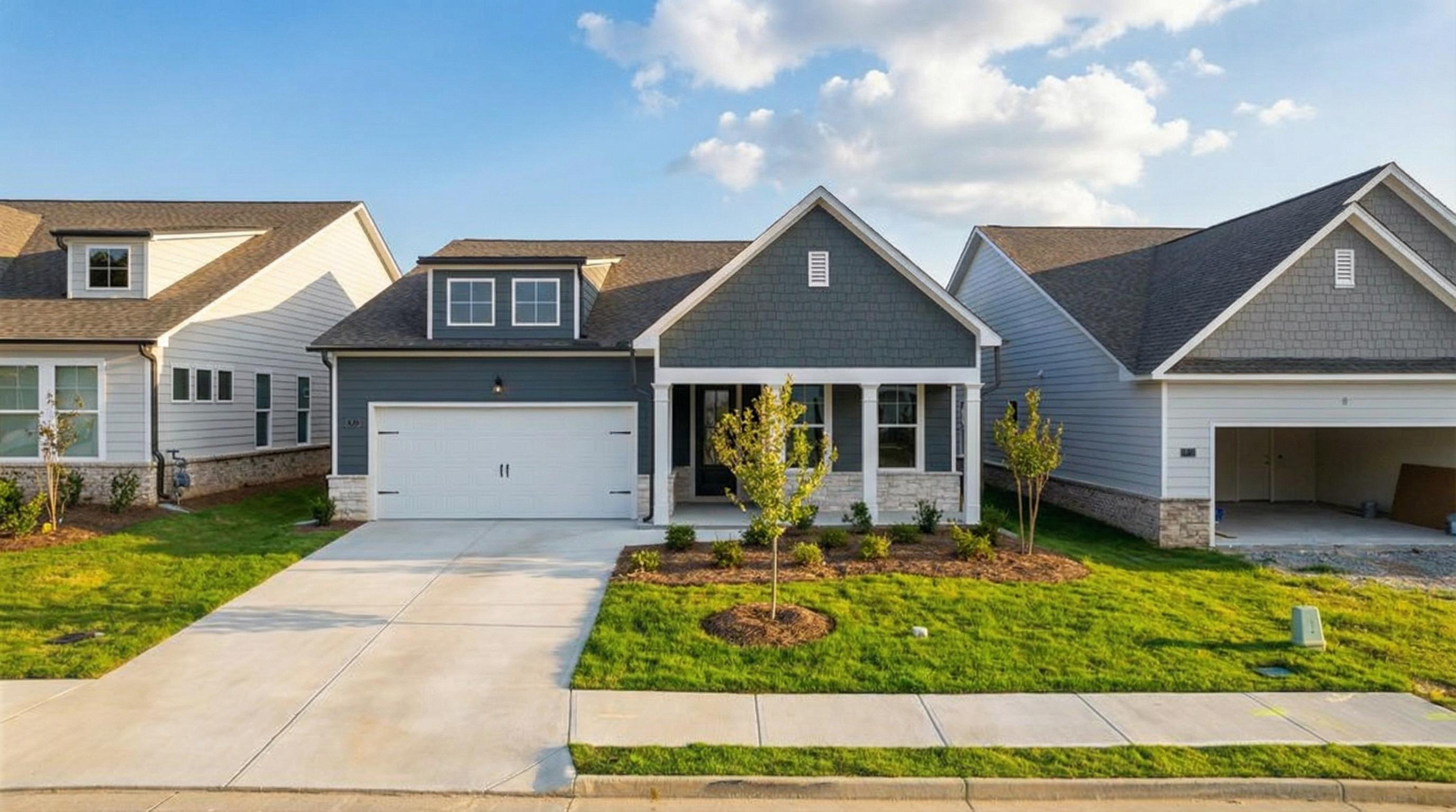 Modern gray single-story home with 2-car garage, driveway, and lush green lawn in Kelly Preserve, Loganville, Georgia by Davidson Homes The Edison A