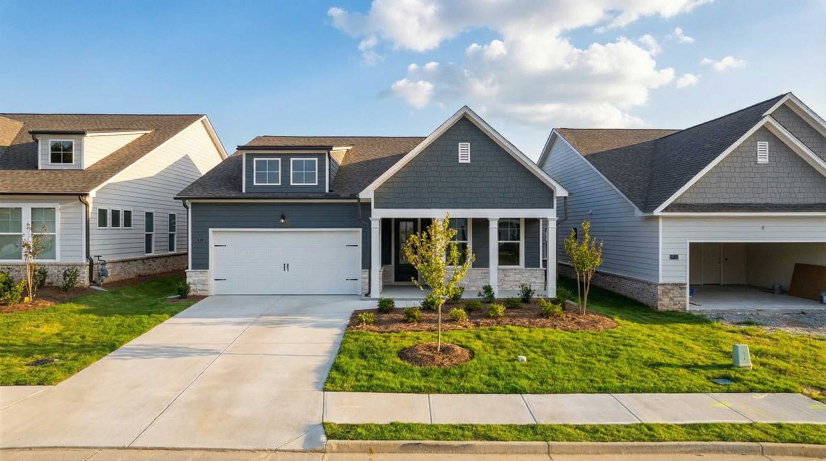 Modern gray single-story home with 2-car garage, driveway, and lush green lawn in Kelly Preserve, Loganville, Georgia by Davidson Homes The Edison A
