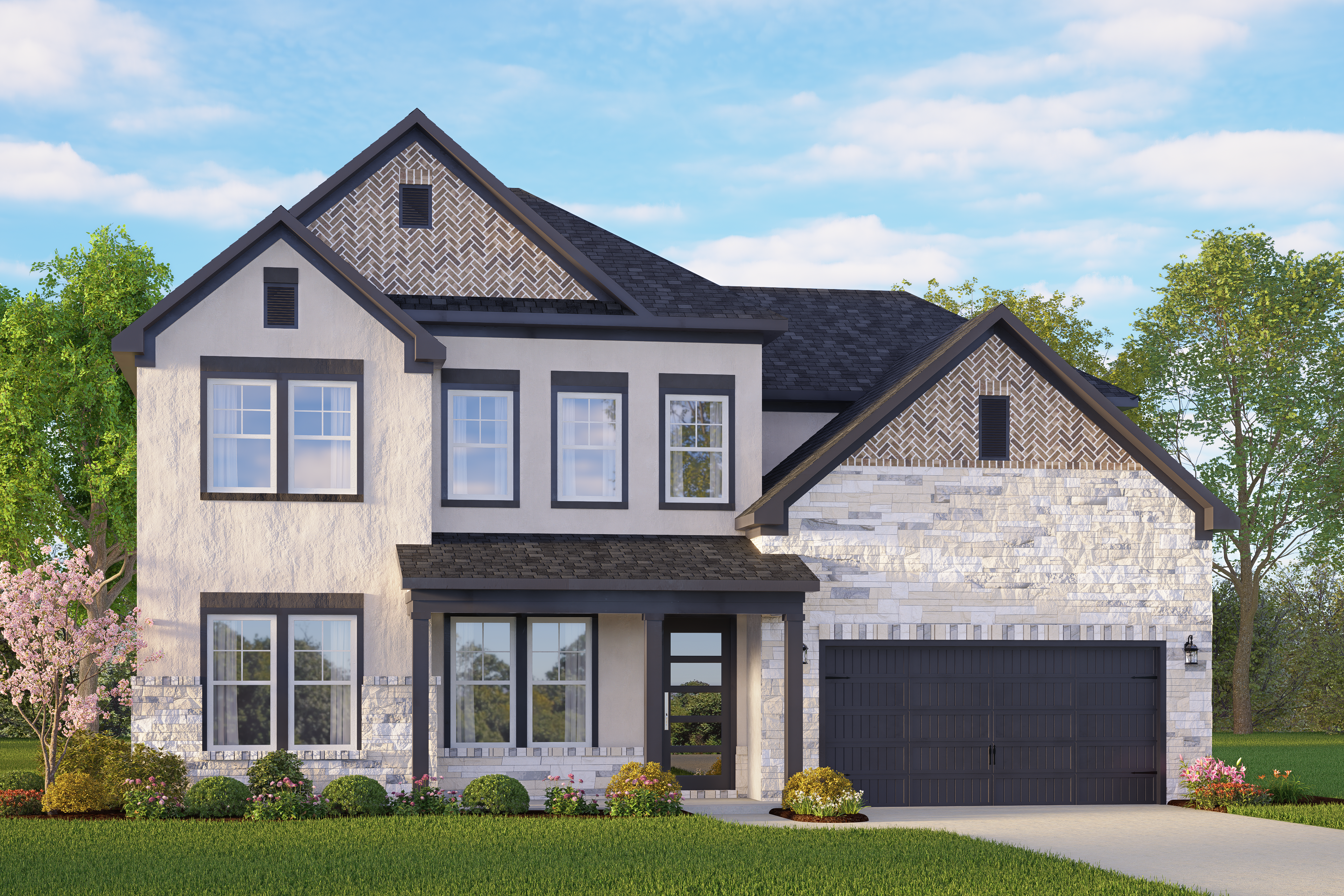 The Belmont two-story home elevation with stone and siding exterior, gabled roof, two-car garage, and landscaped yard