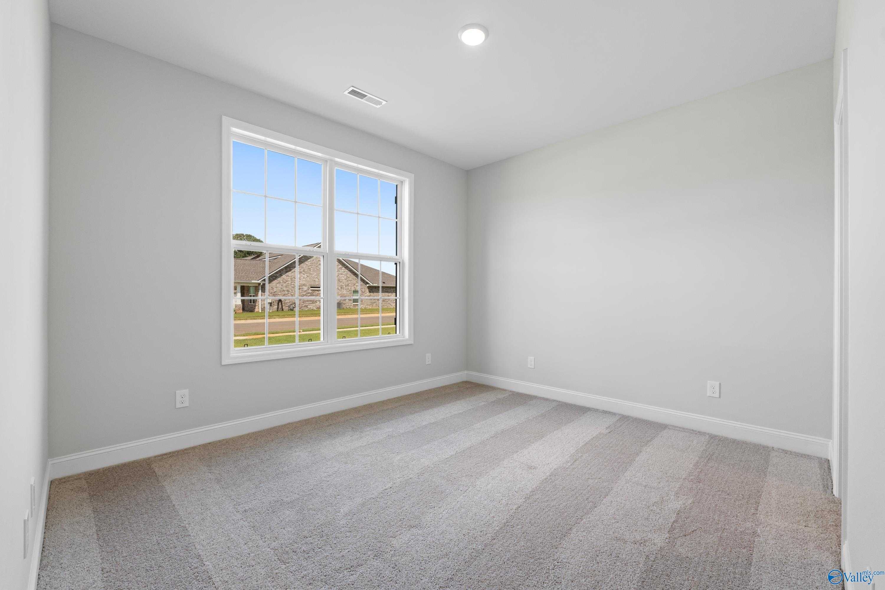 Bright secondary bedroom with gray walls, beige carpet, and large window overlooking green field in Davidson Homes The Rockford, Toney, Alabama