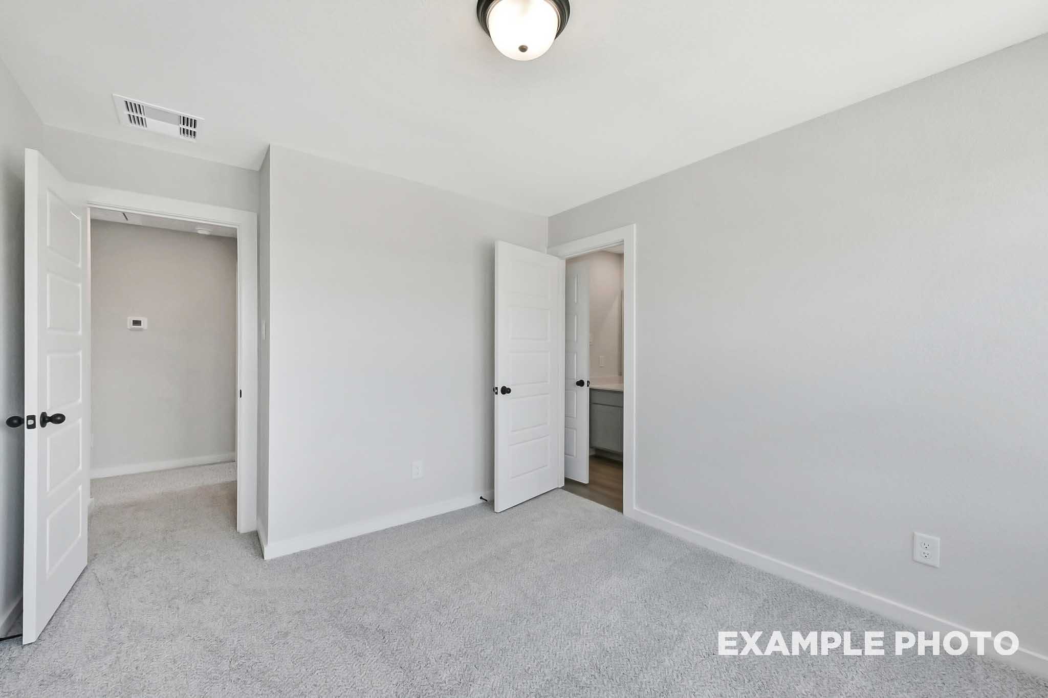 Spacious master bedroom in The Sequoia by Davidson Homes with gray carpet, walls, walk-in closet, and en-suite door