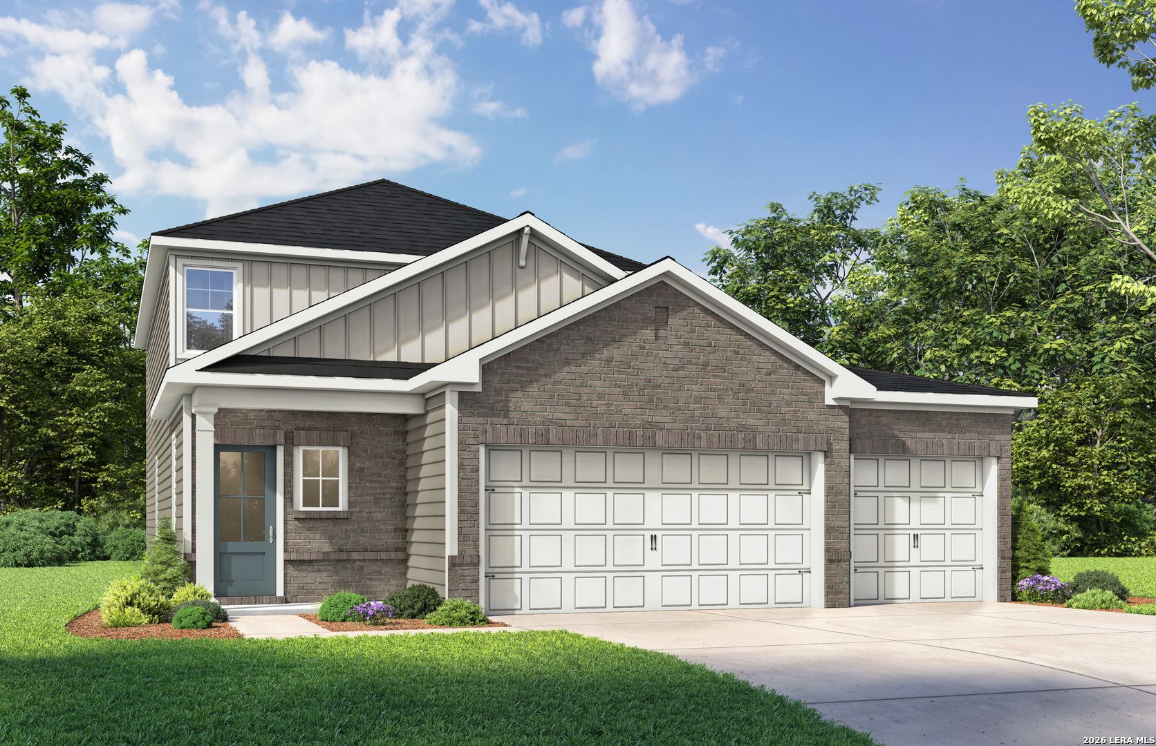 Modern 2-story brick and siding home with 3-car garage, front porch, and lush green landscaping in Rayburn Valley, San Antonio, TX