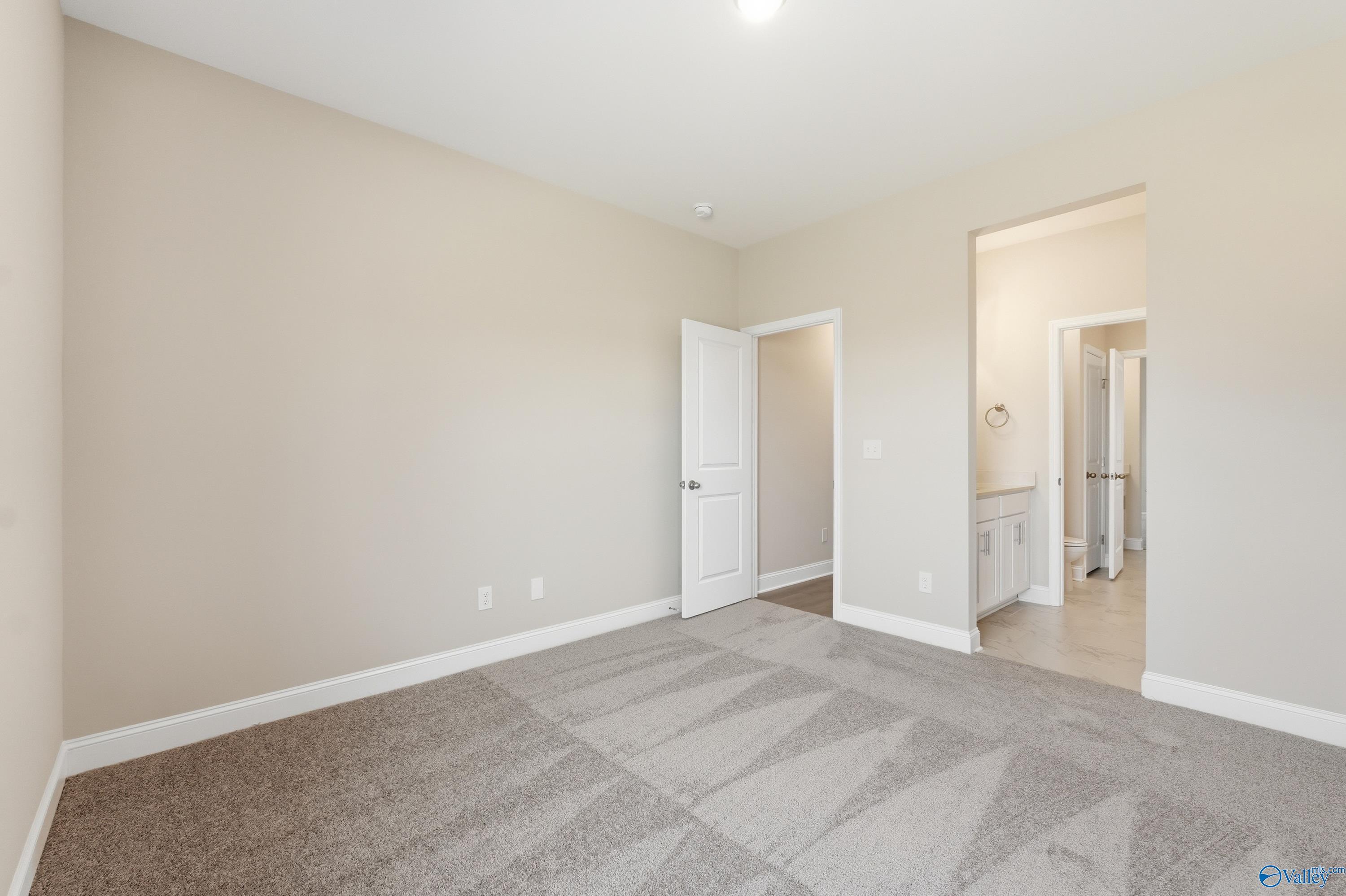 Bright secondary bedroom with beige walls, gray carpet, and attached bath featuring vanity and shower in Davidson Homes The Finleigh, Harvest AL