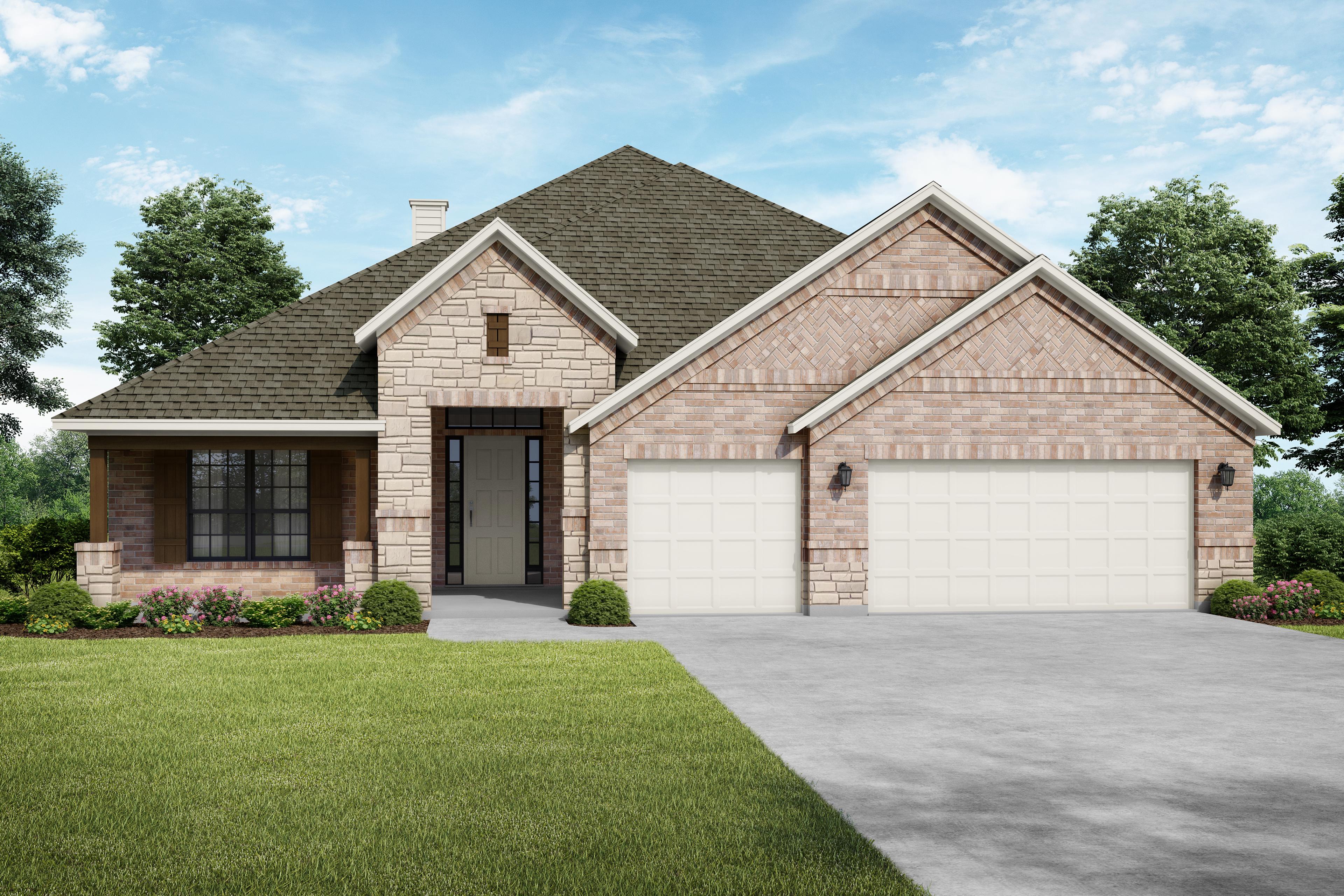 Front elevation of The Garner C showcasing brick and stone exterior, 3-car garage, gabled roof, and landscaped yard