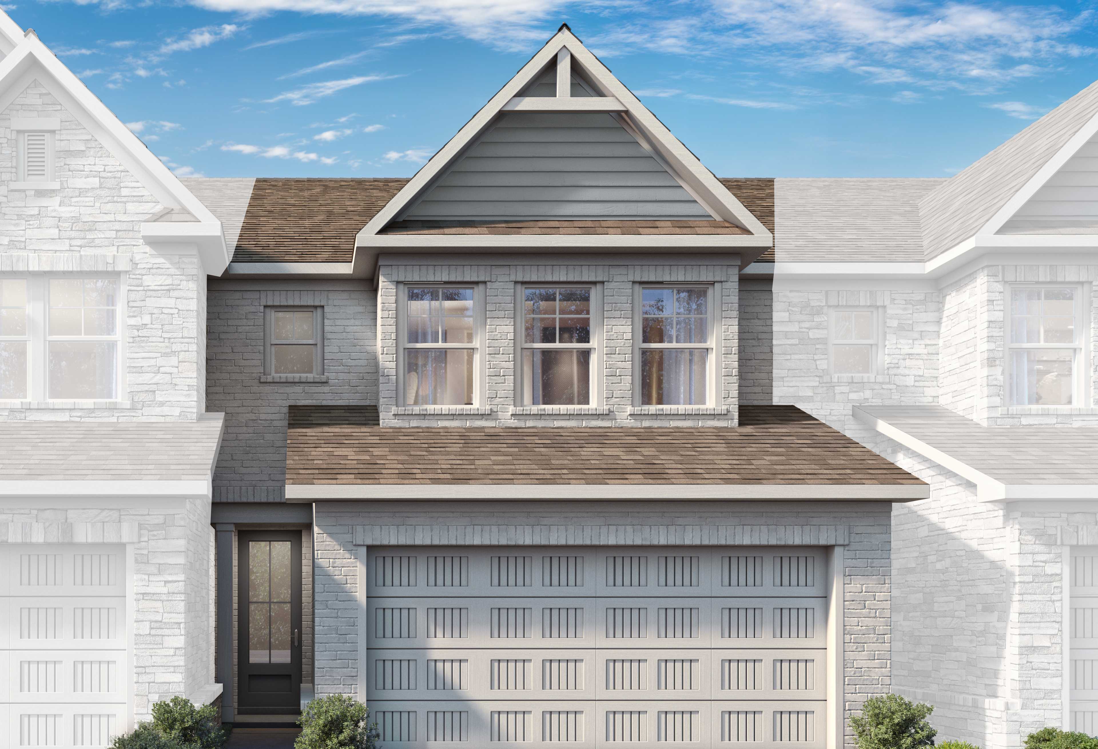 Two-story Marion A LS home elevation with gray siding, white trim, 2-car garage, and driveway under blue sky