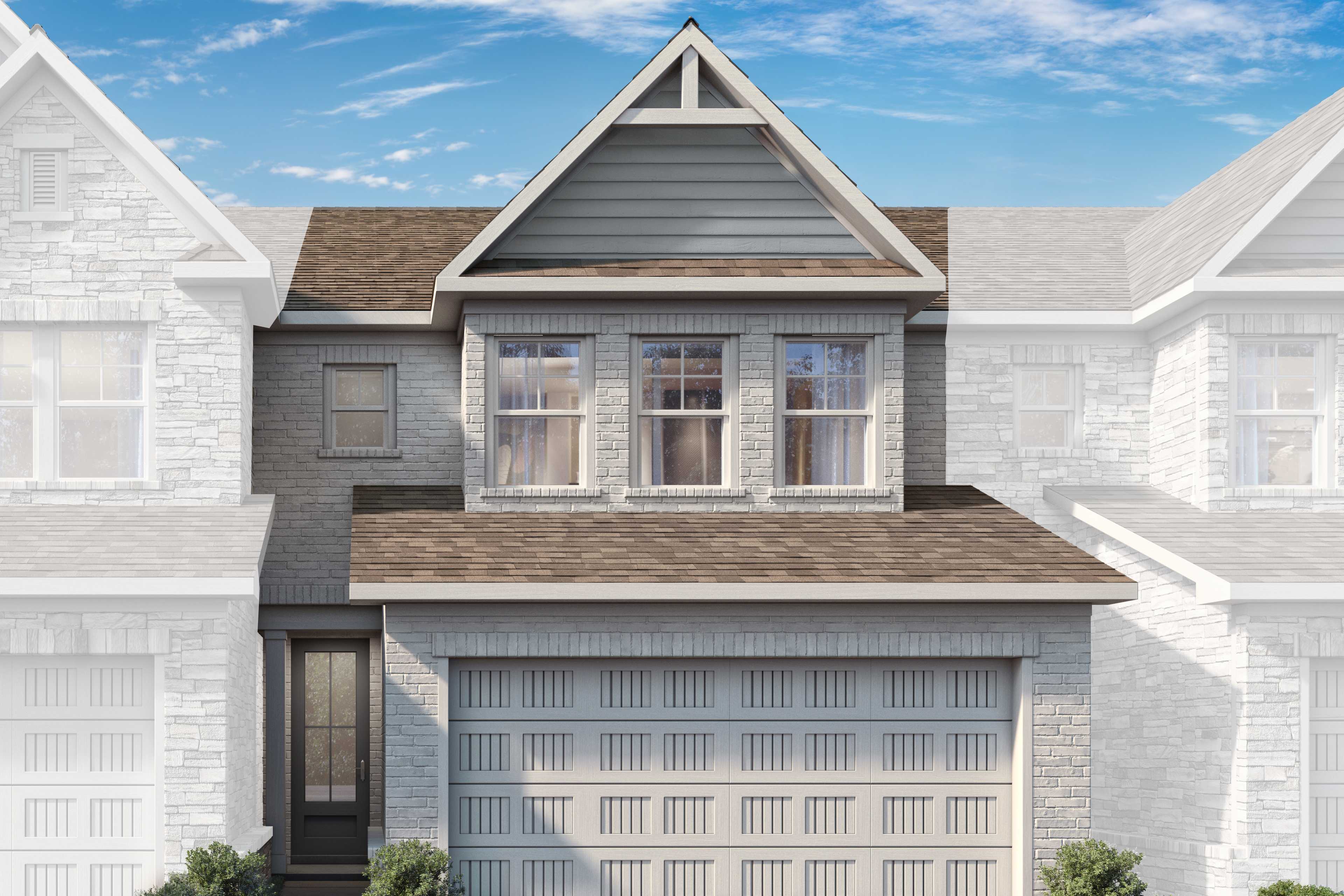 Two-story Marion A LS home elevation with gray siding, white trim, 2-car garage, and driveway under blue sky