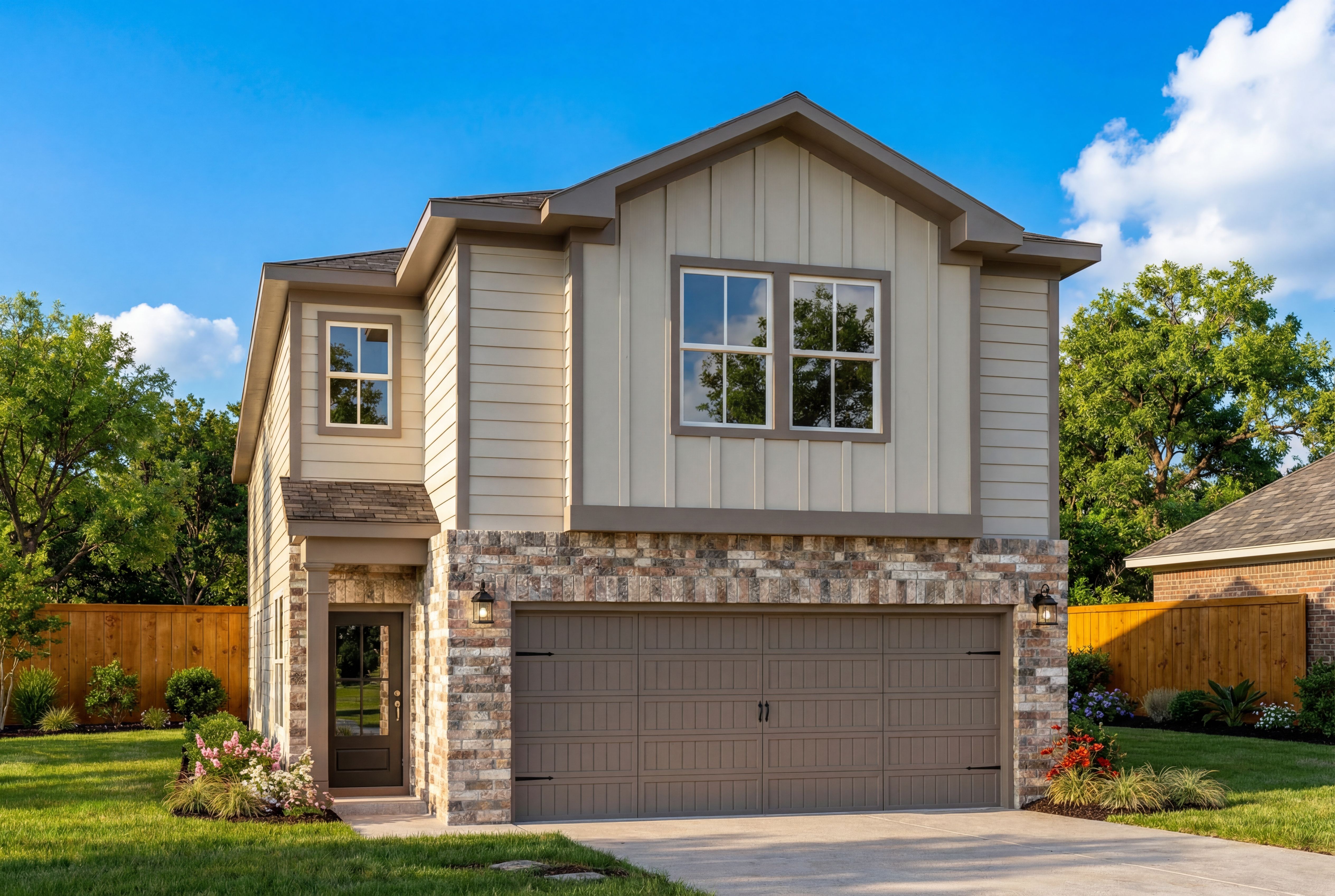 Two-story The Florence home exterior by Davidson Homes in San Antonio, beige siding, stone accents, two-car garage, landscaped yard