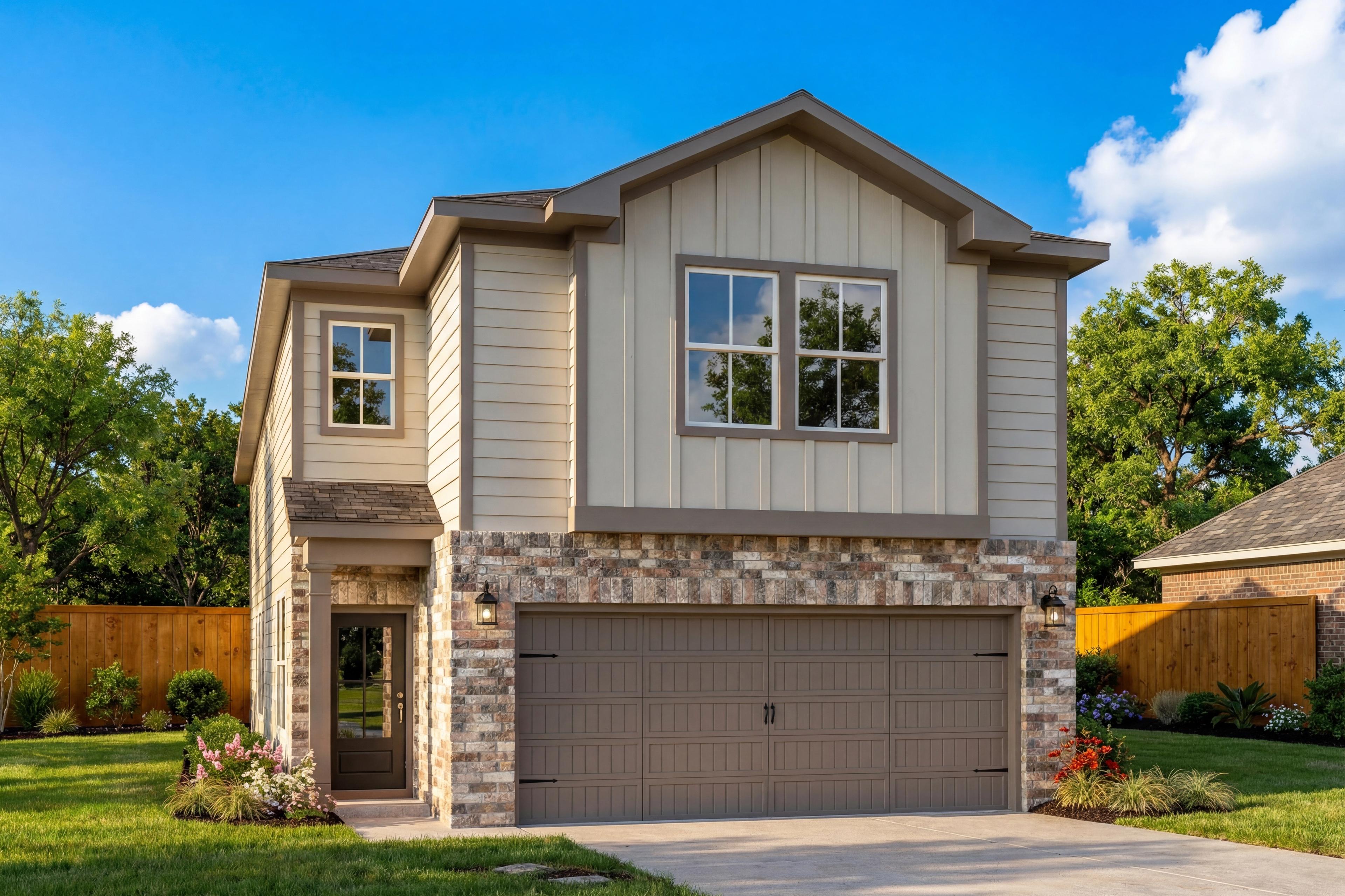 Two-story The Florence home exterior by Davidson Homes in San Antonio, beige siding, stone accents, two-car garage, landscaped yard