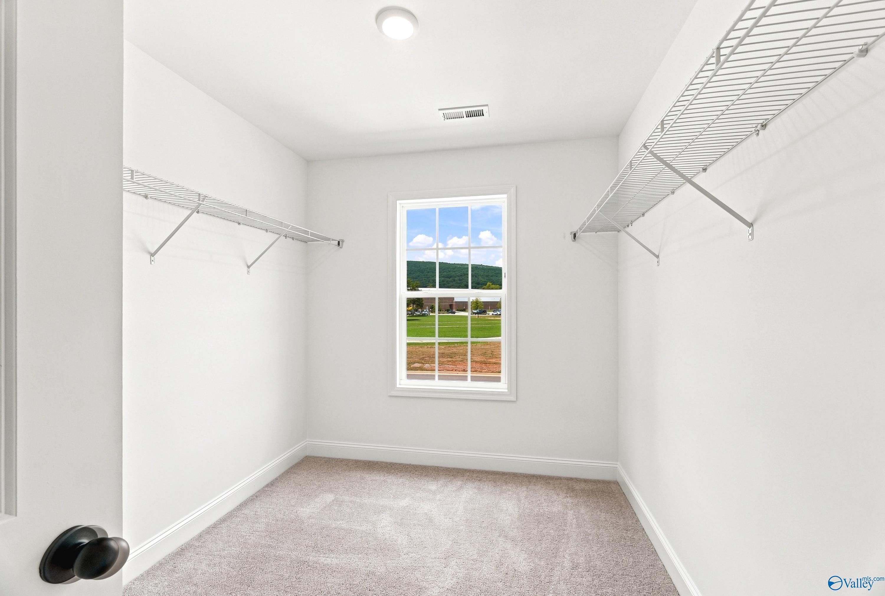 Walk-in closet with wire shelving and natural light in The Shelby B floor plan at Jaguar Hills in Huntsville, Alabama.