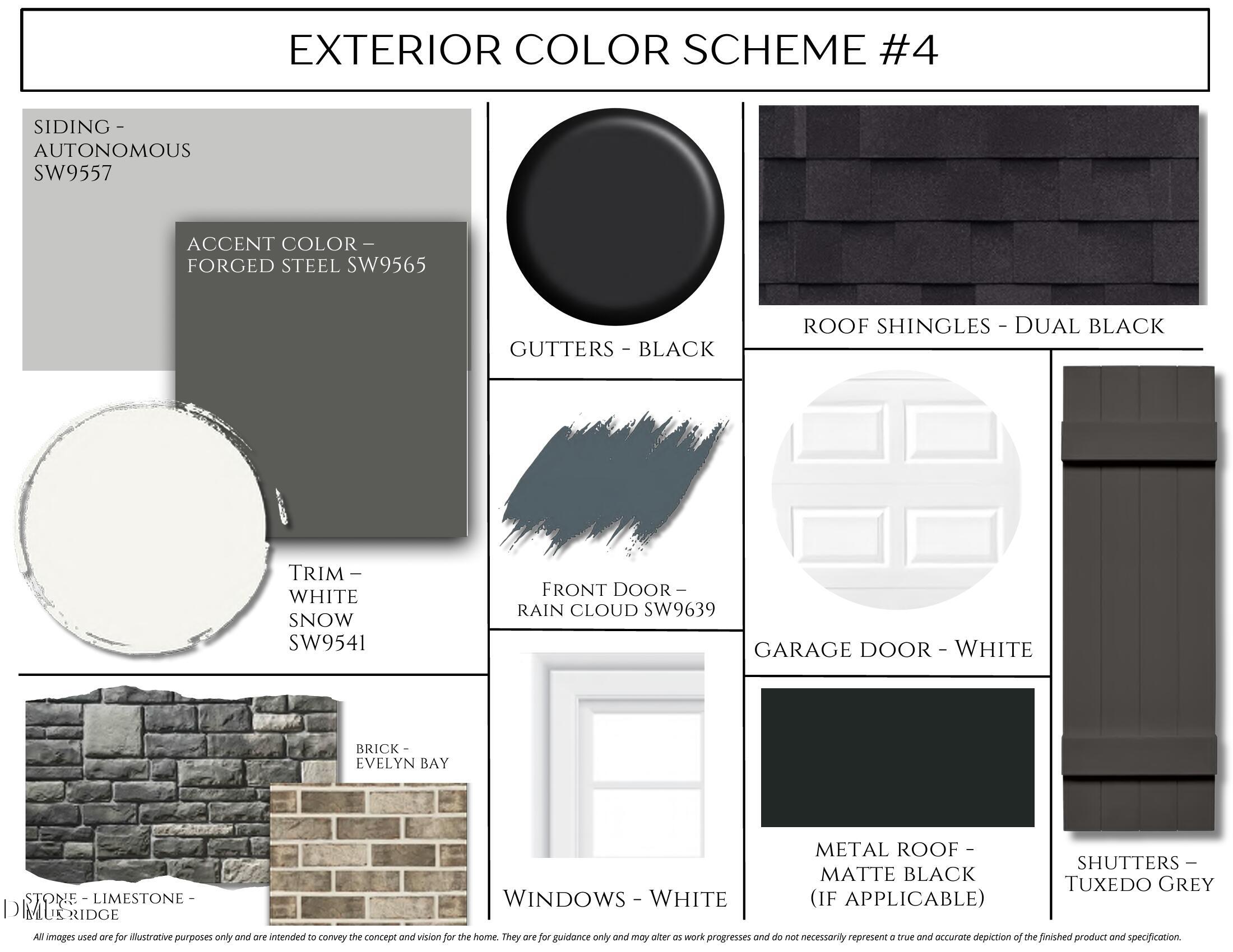 Exterior color scheme #4 board with SW957 gray body, forged steel SW965 accents, white trim SW941 for Davidson Homes The Alexander D in Knightdale, NC