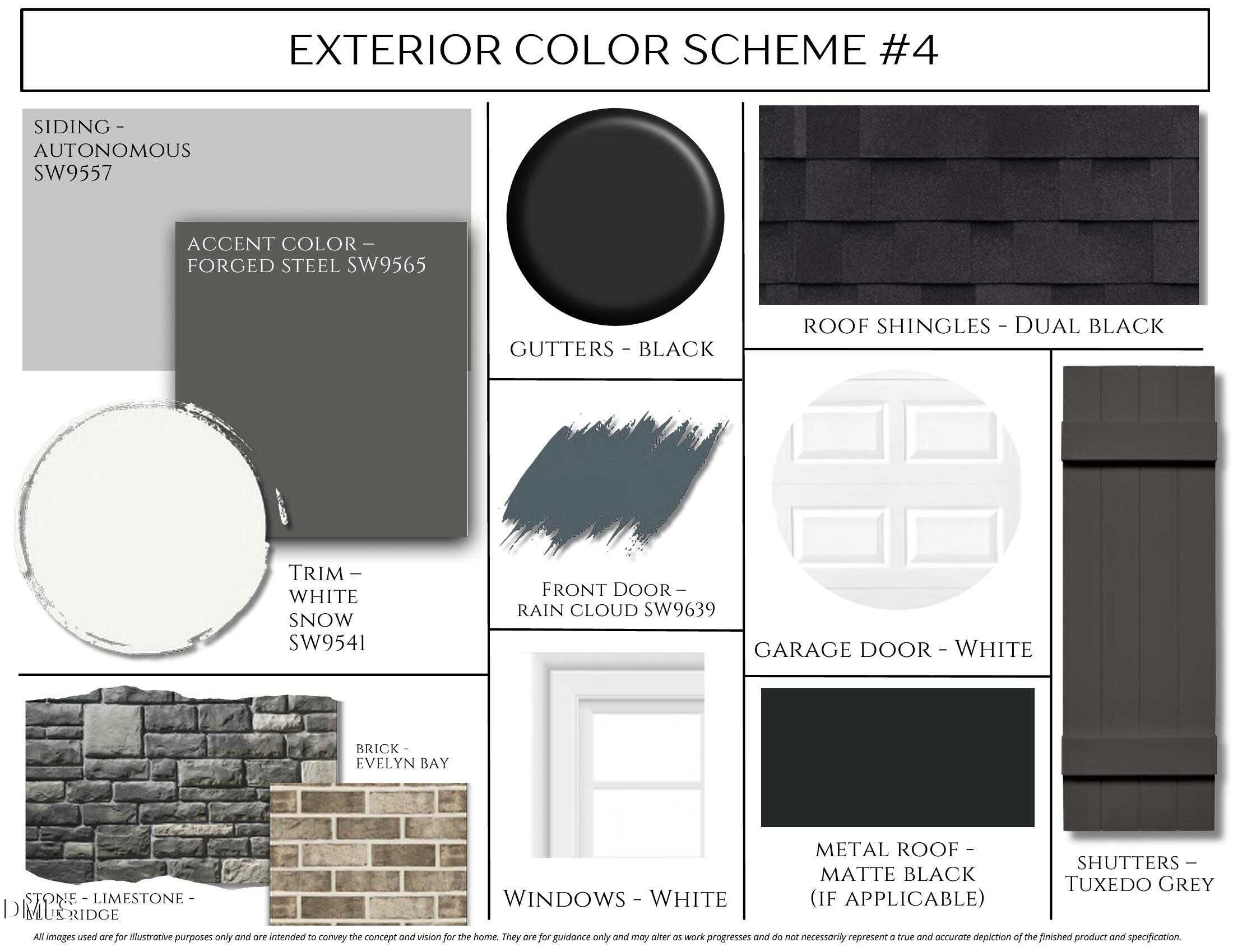 Exterior color scheme #4 board with SW957 gray body, forged steel SW965 accents, white trim SW941 for Davidson Homes The Alexander D in Knightdale, NC