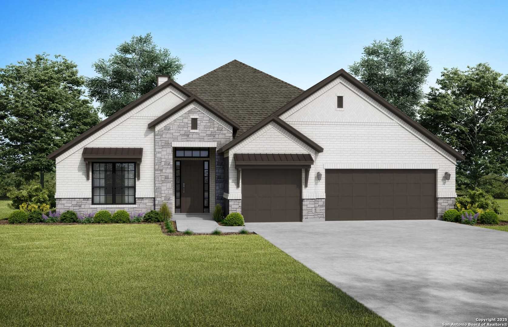 Modern single-story 4-bedroom home with stone accents, 3-car garage, and lush landscaping by Davidson Homes in Castroville, Texas
