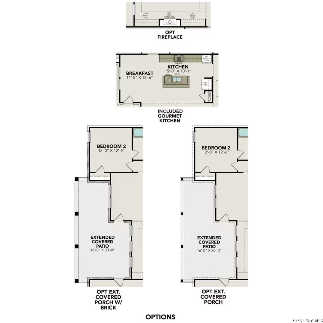 The Oxford F floor plan: open kitchen, breakfast nook, family room with fireplace, 4 bedrooms, covered patio in Castroville, Texas
