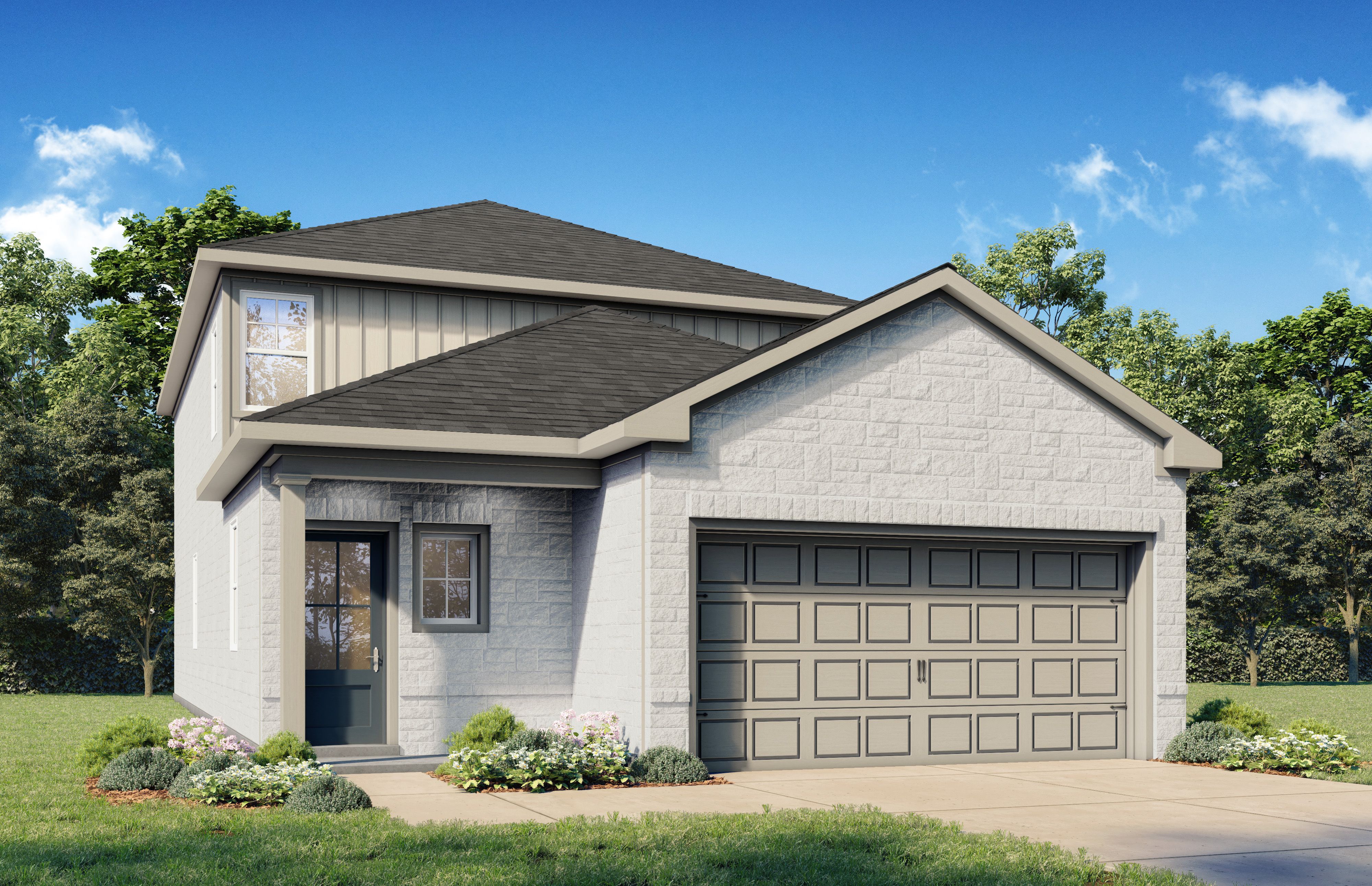 Modern two-story The Summit C home elevation with white brick and siding, two-car garage, and lush landscaping in San Antonio