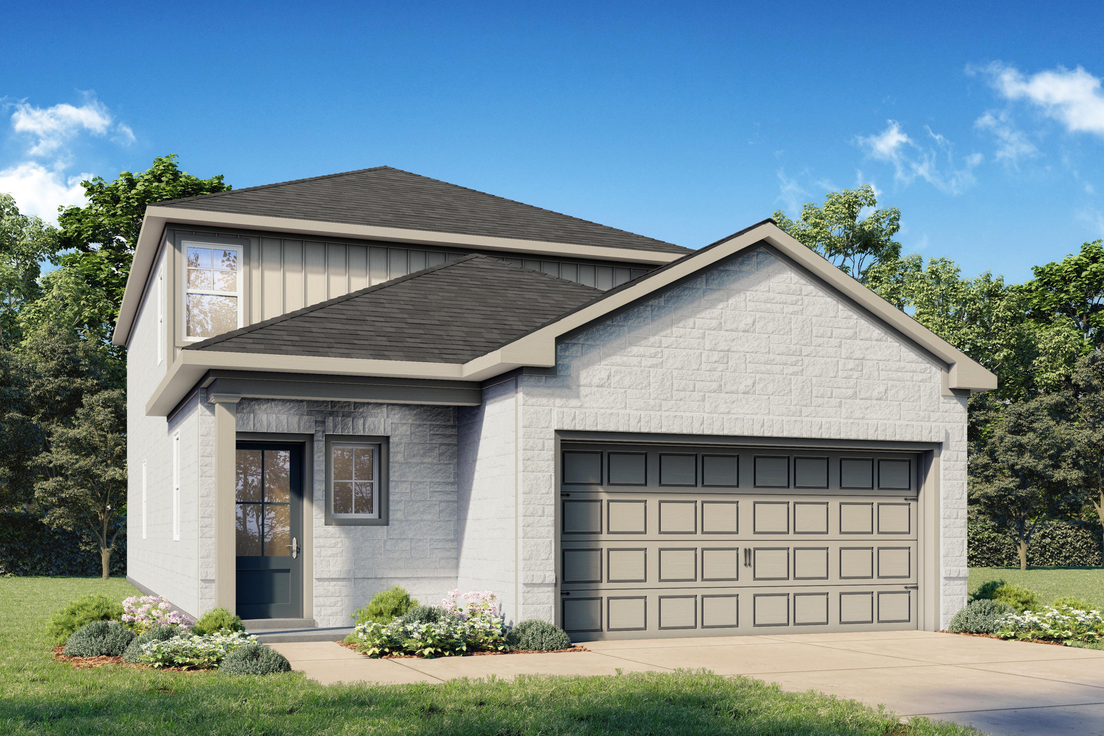 Modern two-story The Summit C home elevation with white brick and siding, two-car garage, and lush landscaping in San Antonio