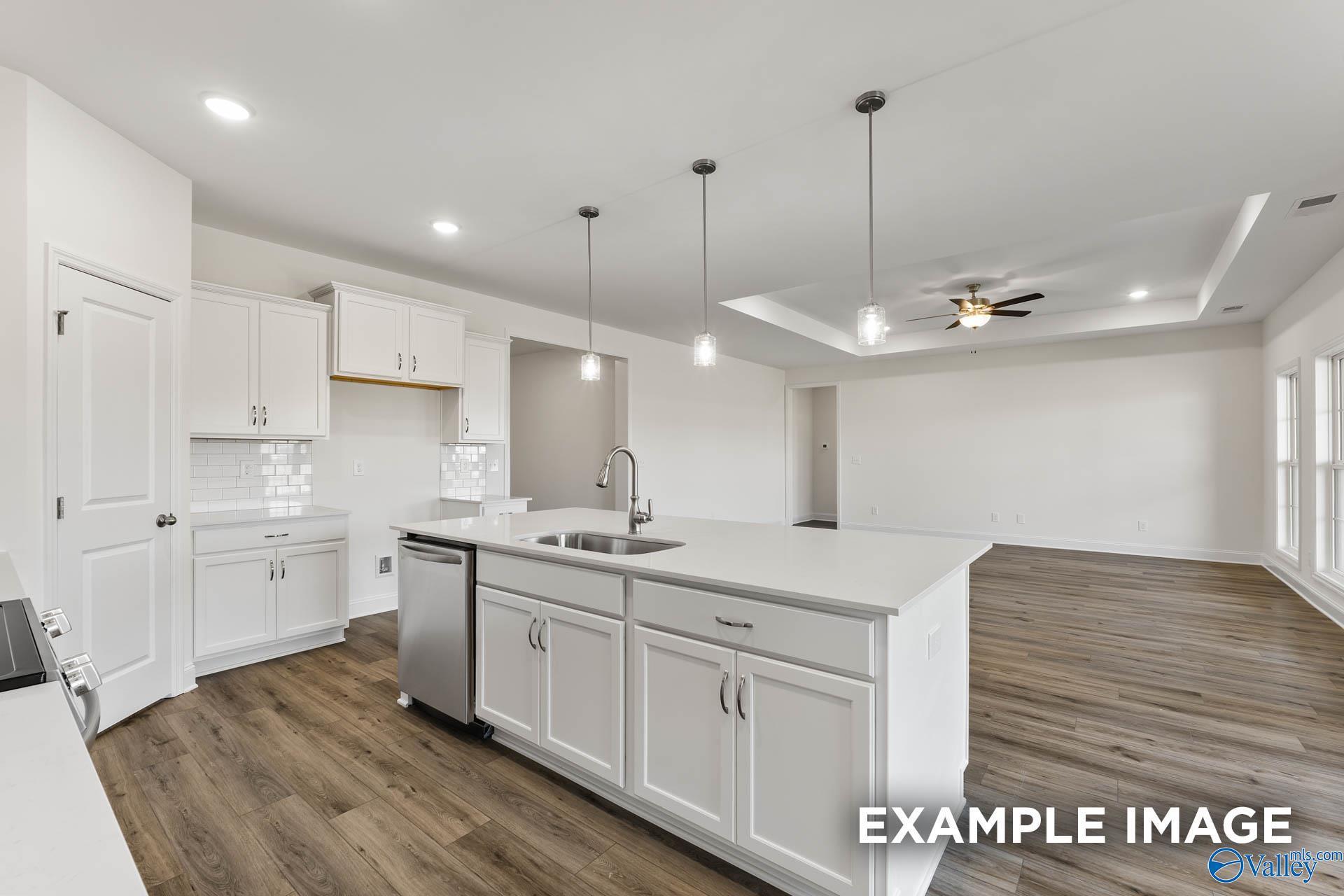Modern open-concept kitchen with white cabinets, quartz island sink, stainless dishwasher in The Harrison C, Davidson Homes, Athens AL