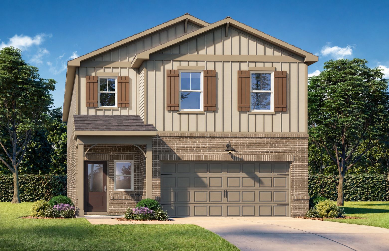Two-story brick and siding exterior of The Sinclair B home design by Davidson Homes in Cartersville, Georgia.