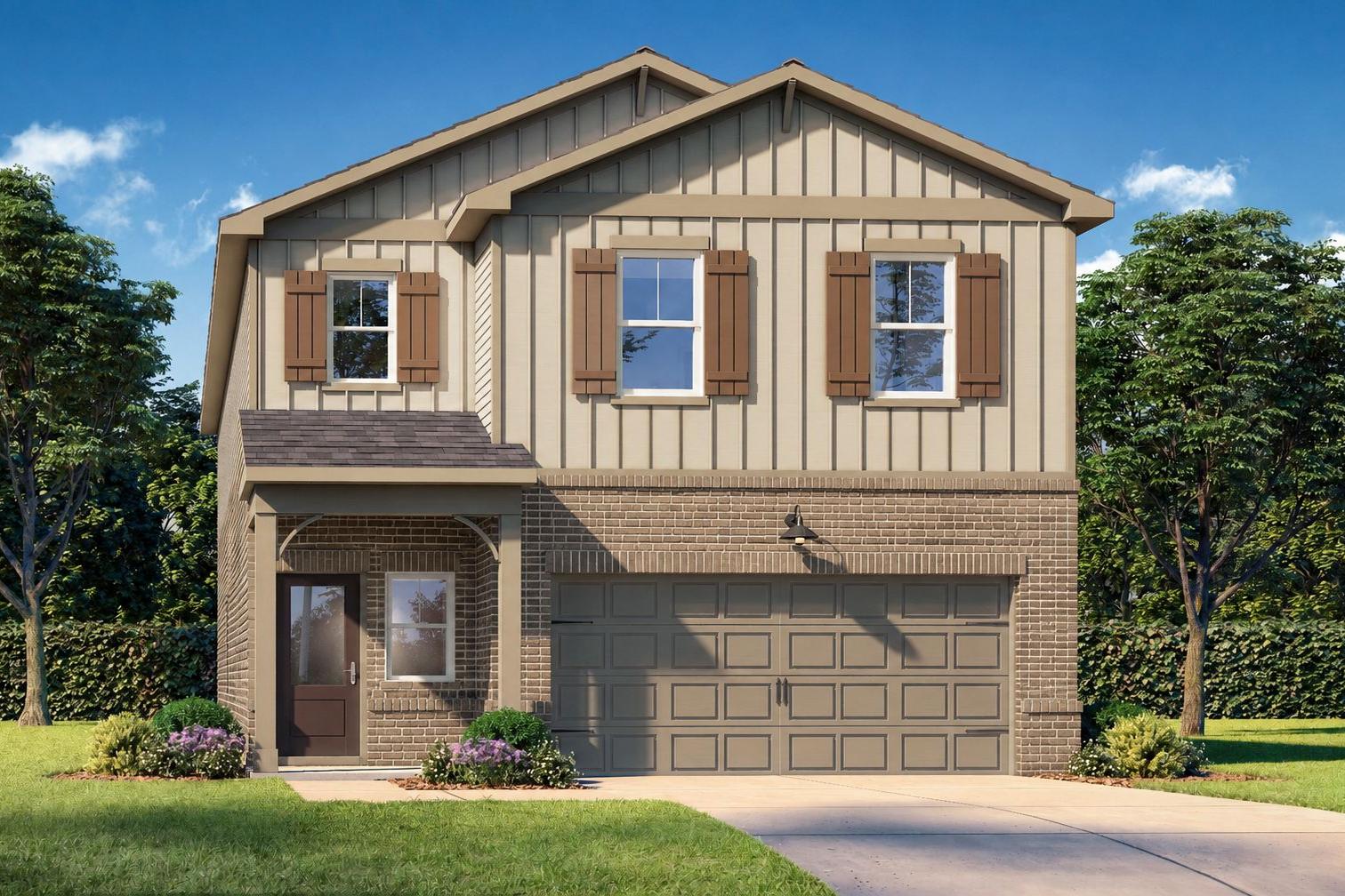 Two-story brick and siding exterior of The Sinclair B home design by Davidson Homes in Cartersville, Georgia.