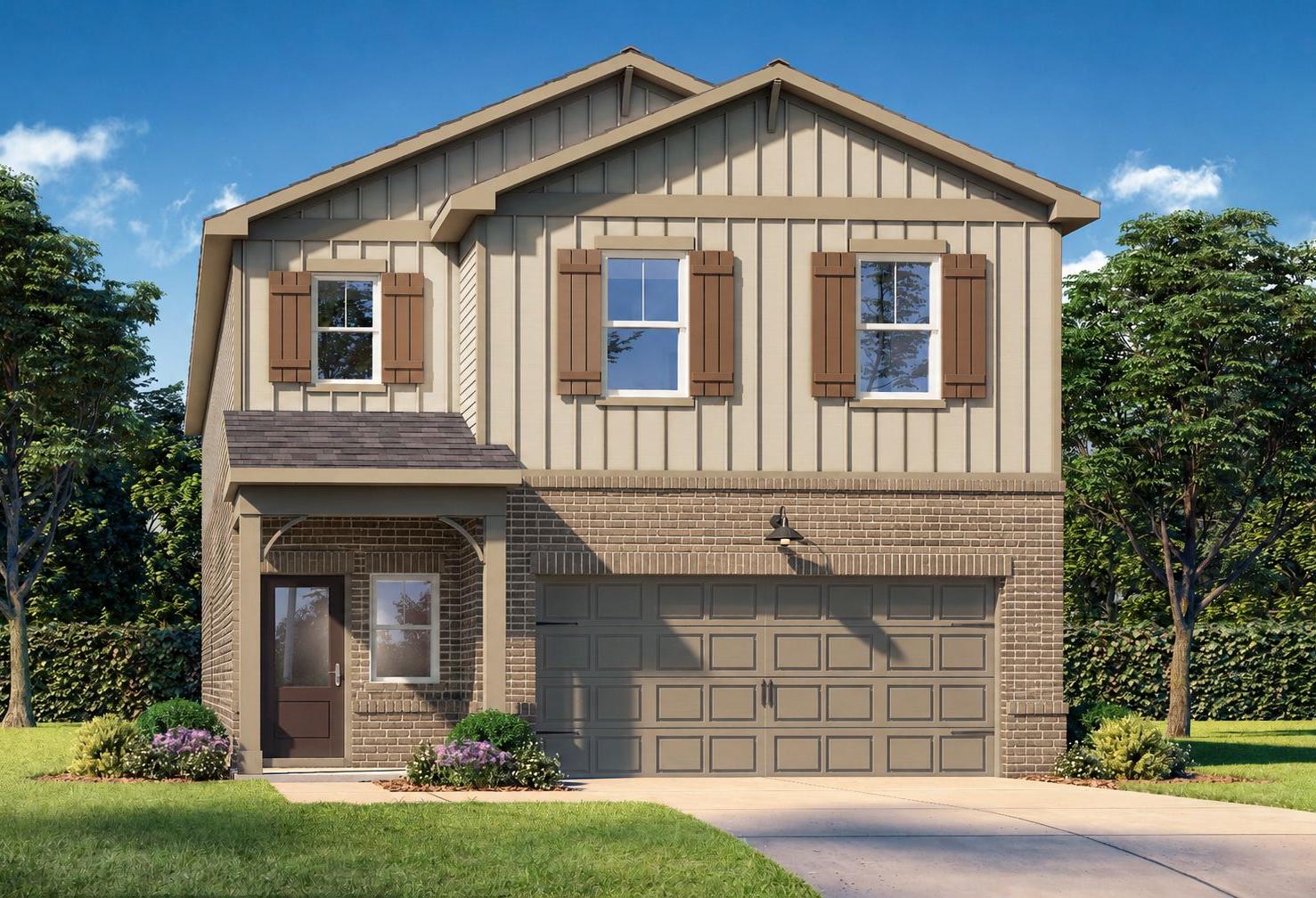 Two-story brick and siding exterior of The Sinclair B home design by Davidson Homes in Cartersville, Georgia.