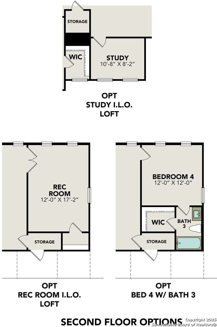 Second floor plan options for The Belmont G: study loft, rec room loft, and optional bedroom 4 with bath in Castroville, Texas