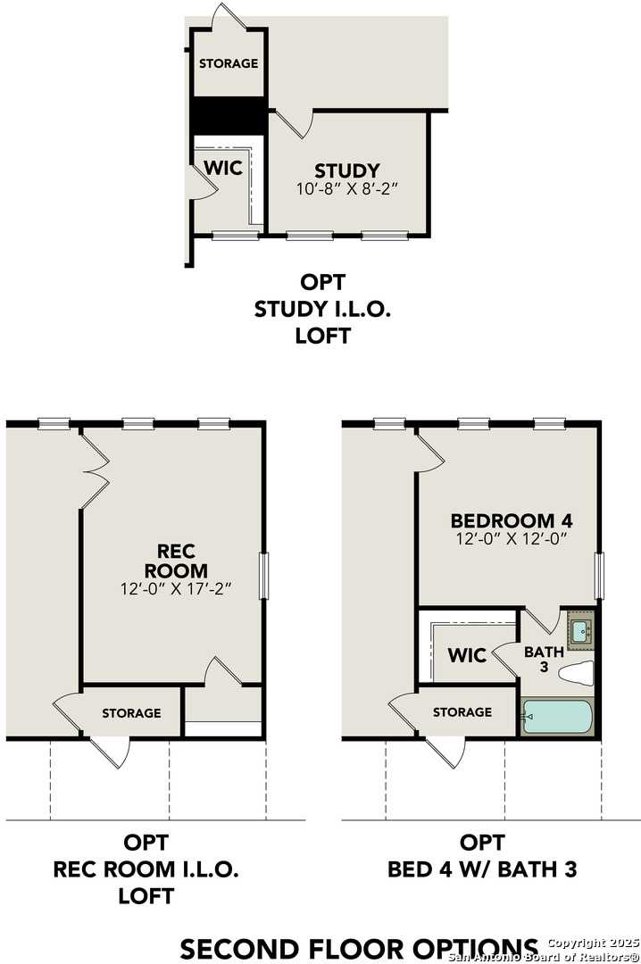 Second floor plan options for The Belmont G: study loft, rec room loft, and optional bedroom 4 with bath in Castroville, Texas