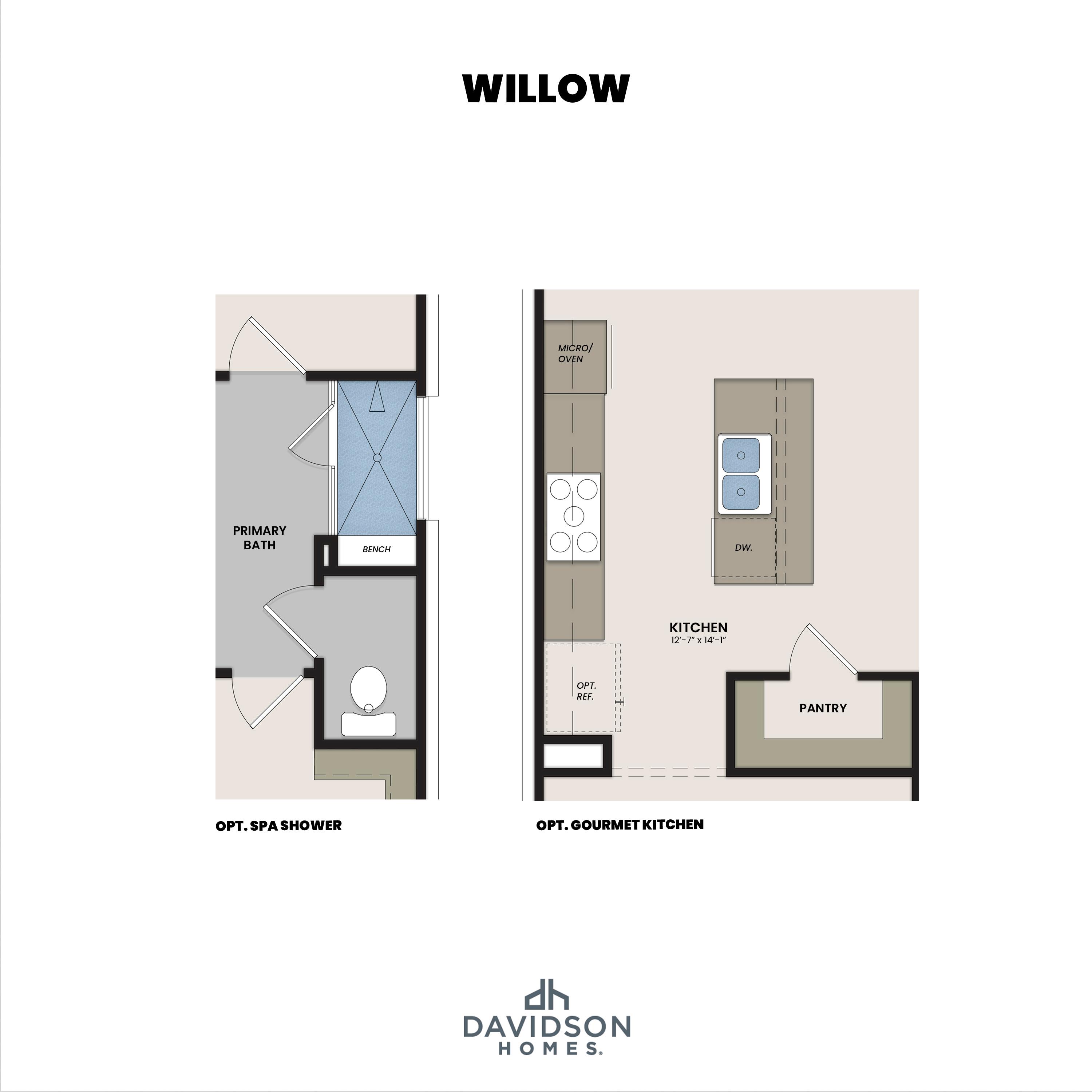 The Willow floor plan by Davidson Homes showing optional spa shower in primary bath and gourmet kitchen with island and pantry