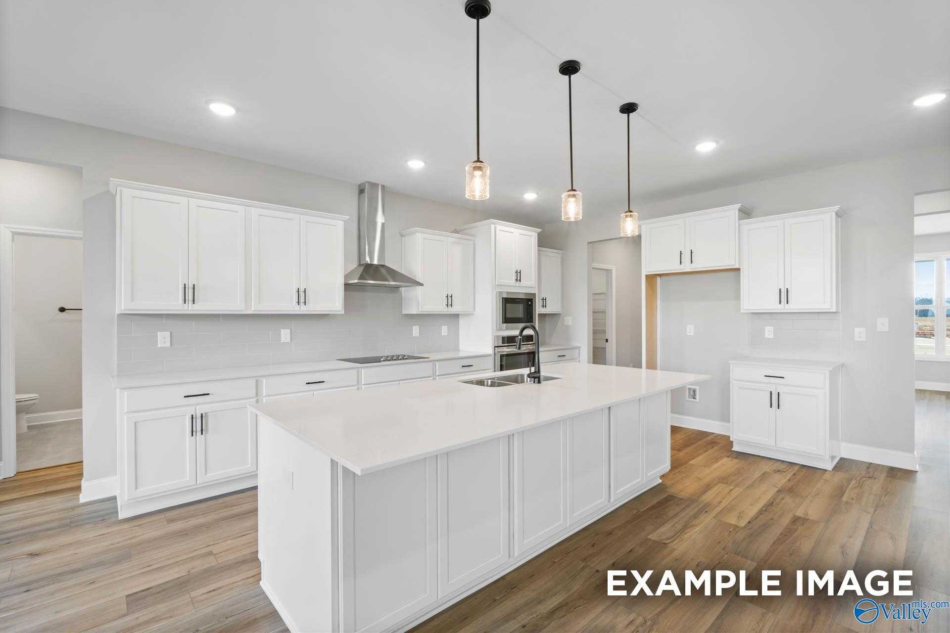 Modern white kitchen with quartz island, shaker cabinets, stainless appliances in Davidson Homes The Valencia, Meridianville, AL