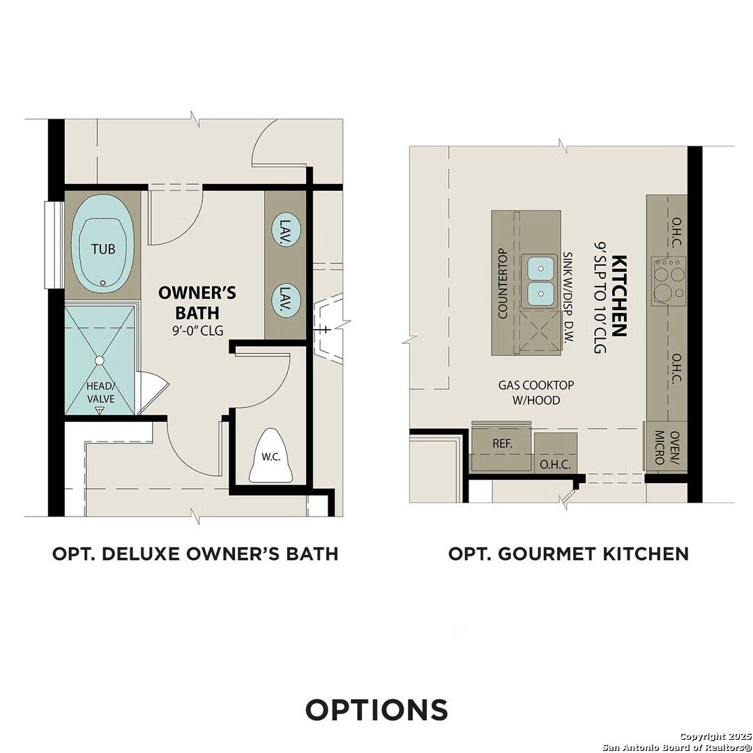 Optional deluxe owner's bath with soaking tub, walk-in shower, and gourmet kitchen with island in The Sequoia B by Davidson Homes, San Antonio