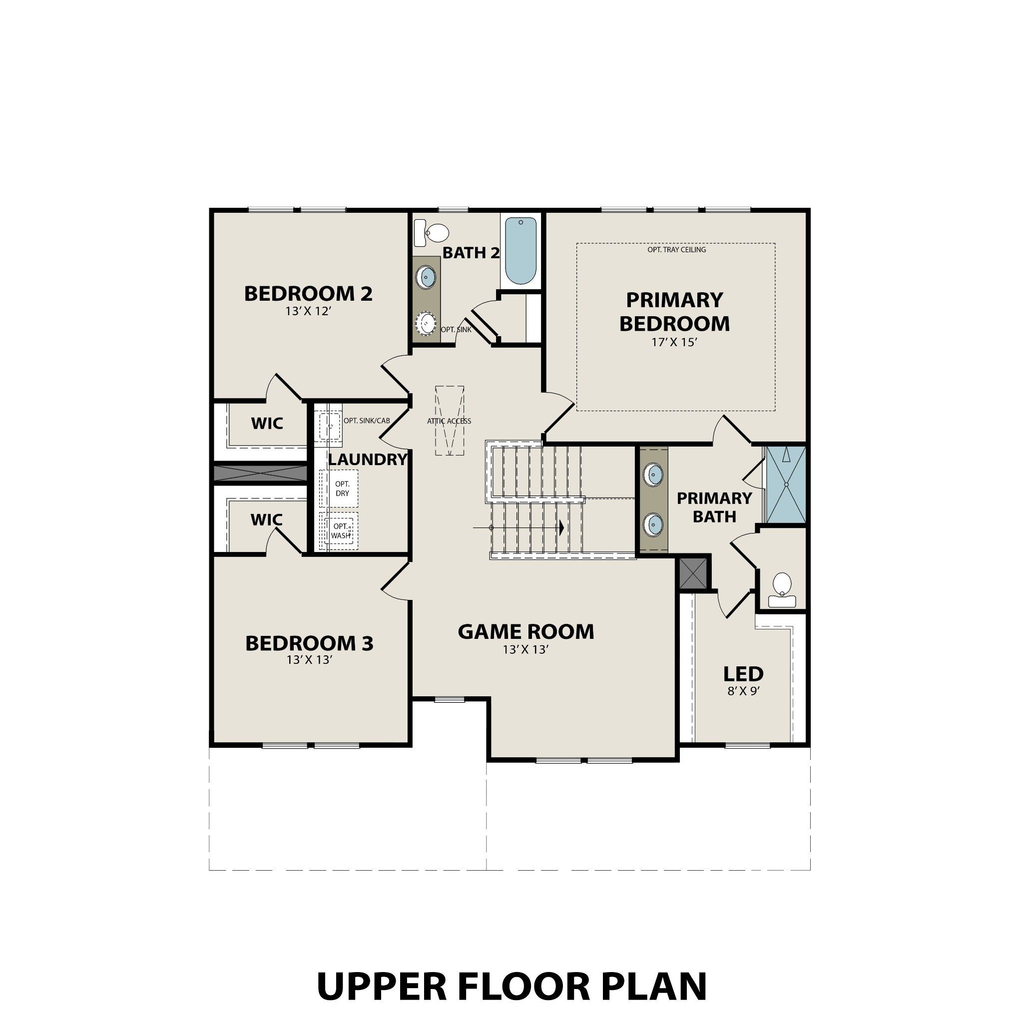 Upper floor plan of The Willow D 4-bedroom home in Mt. Juliet, TN, featuring primary suite, game room, bedrooms, and baths