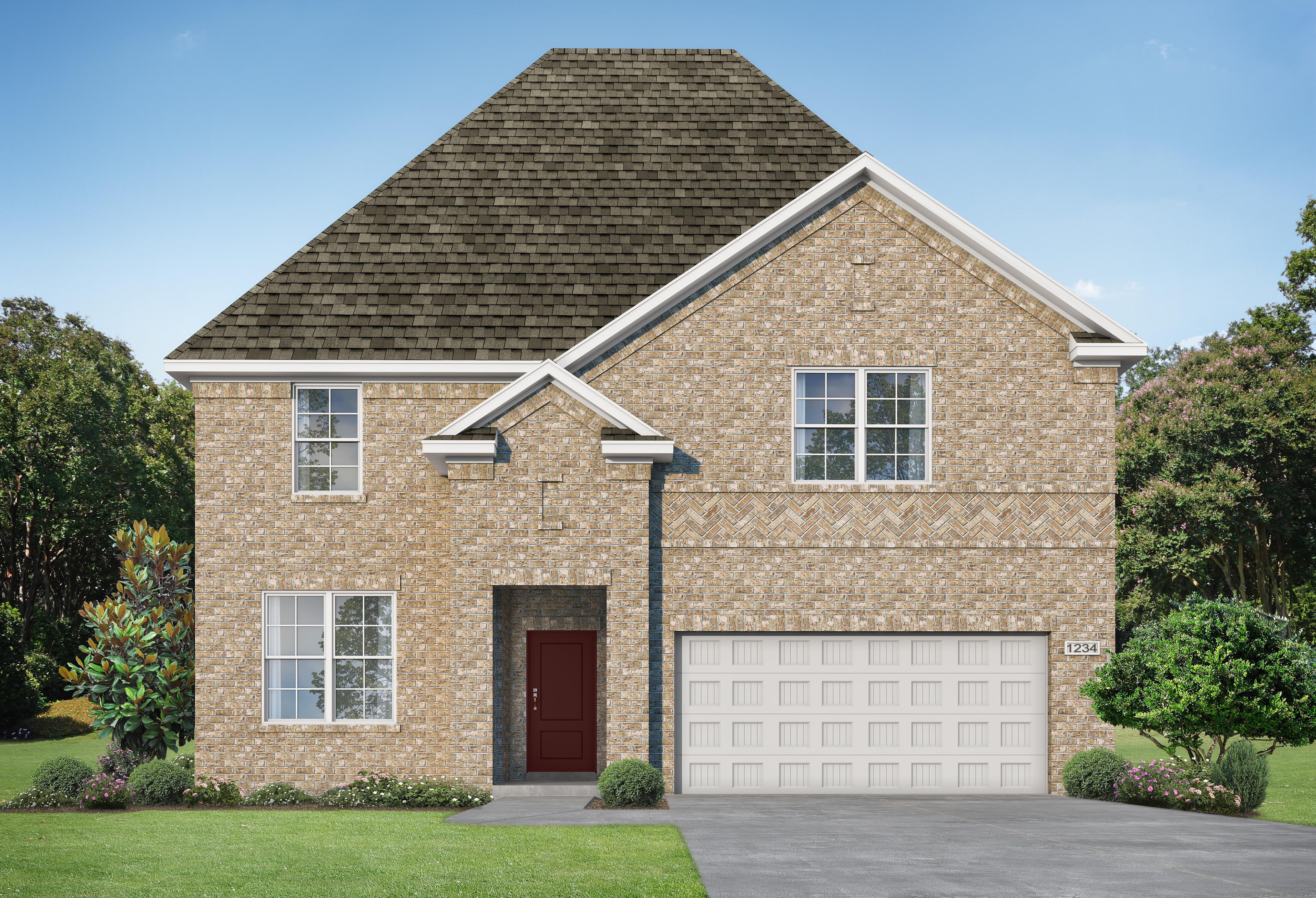 Two-story brick Sequoia home elevation with gabled shingle roof, red door, two-car garage, and lush landscaping in Royse City