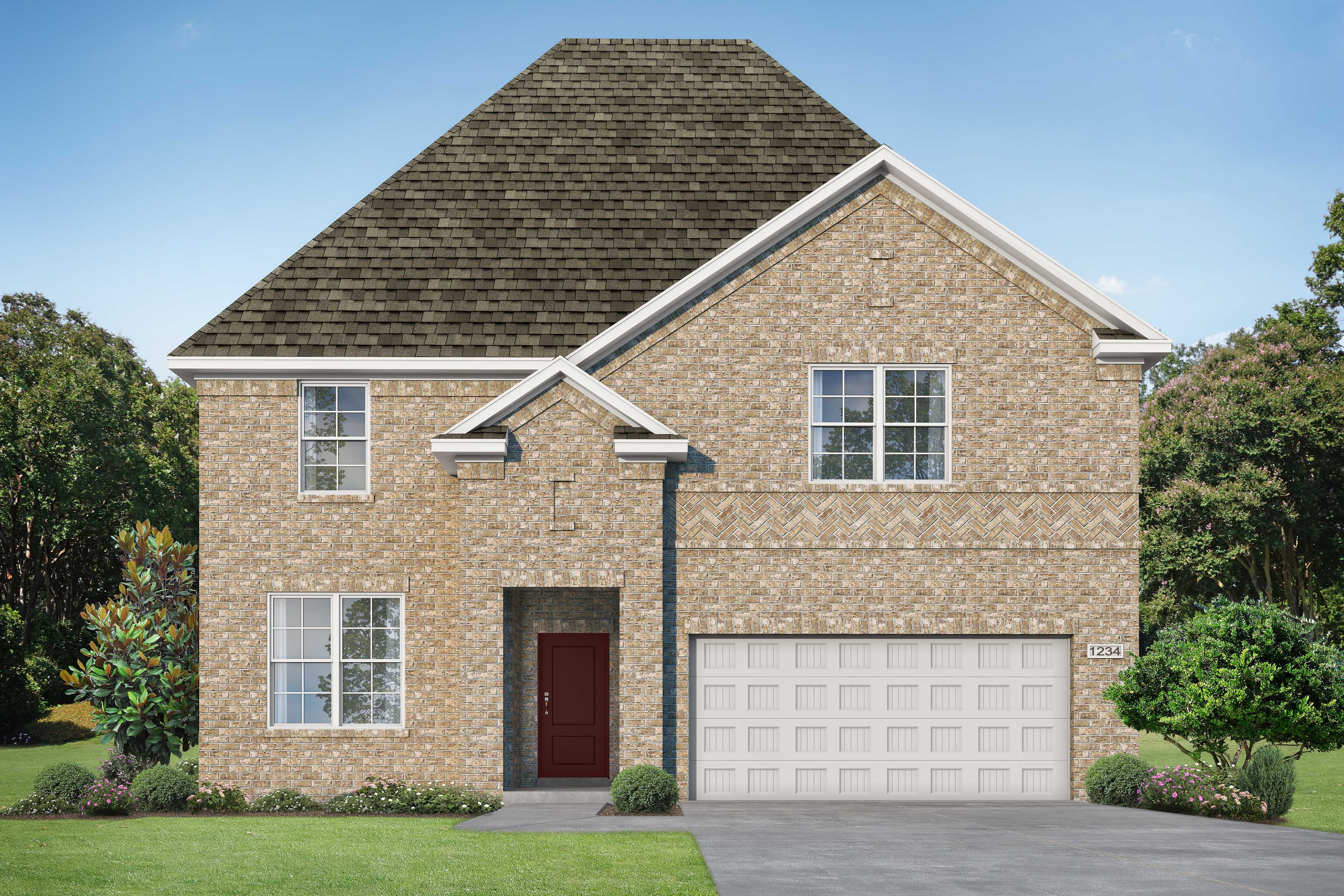 Two-story brick Sequoia home elevation with gabled shingle roof, red door, two-car garage, and lush landscaping in Royse City
