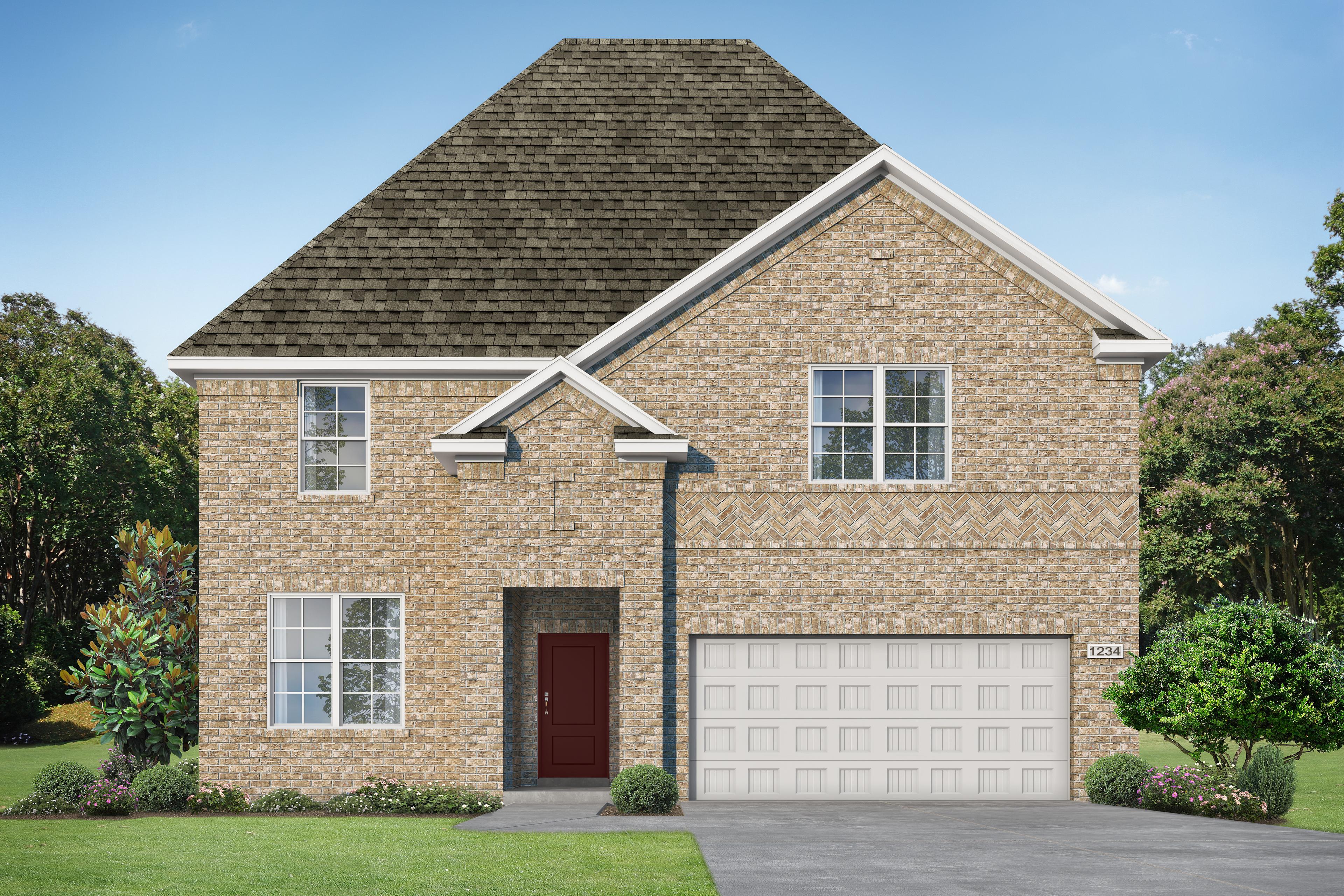 Two-story brick Sequoia home elevation with gabled shingle roof, red door, two-car garage, and lush landscaping in Royse City