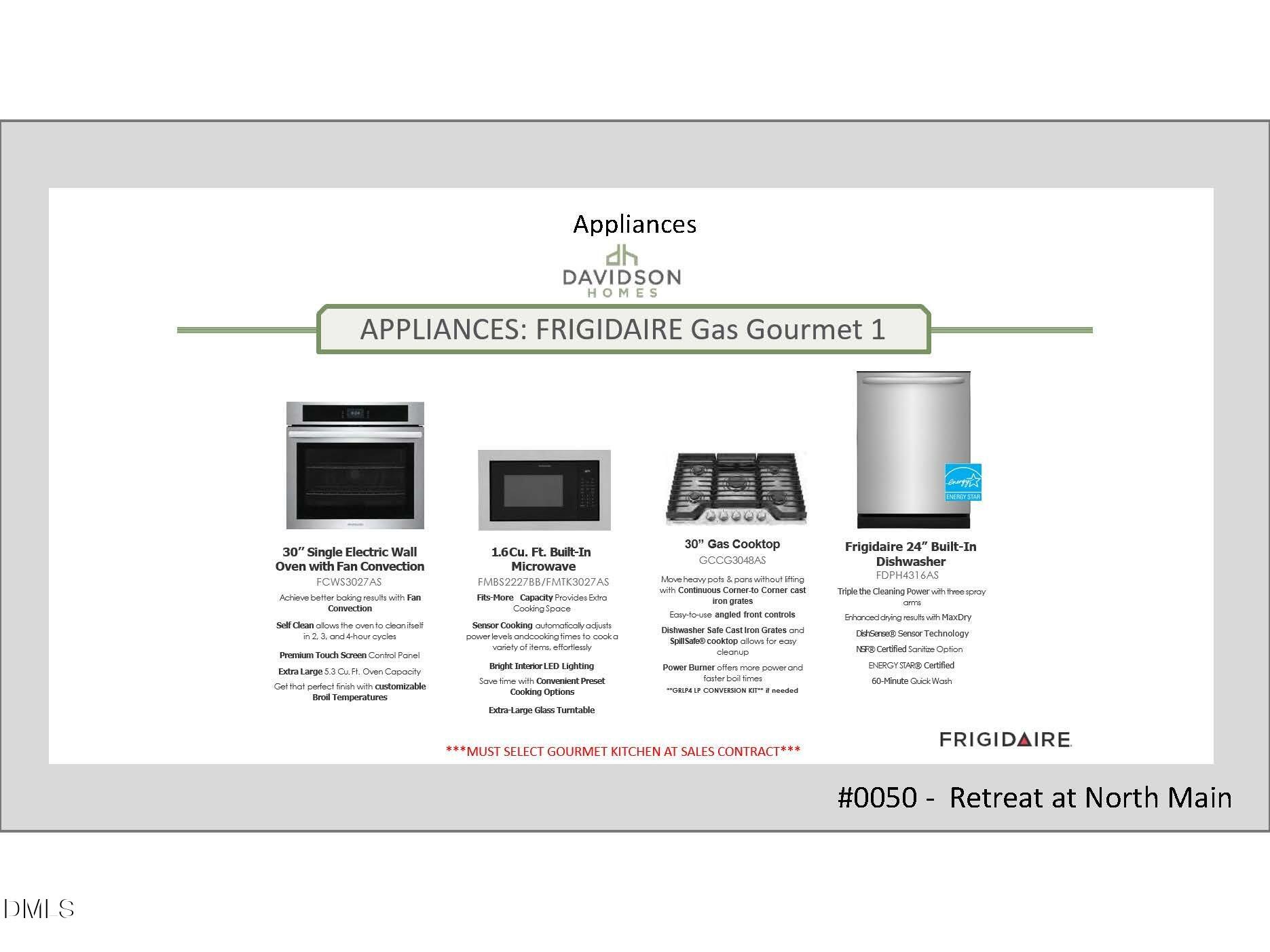 Frigidaire Gourmet kitchen appliance package for Davidson Homes in Retreat at North Main, Lillington, North Carolina.