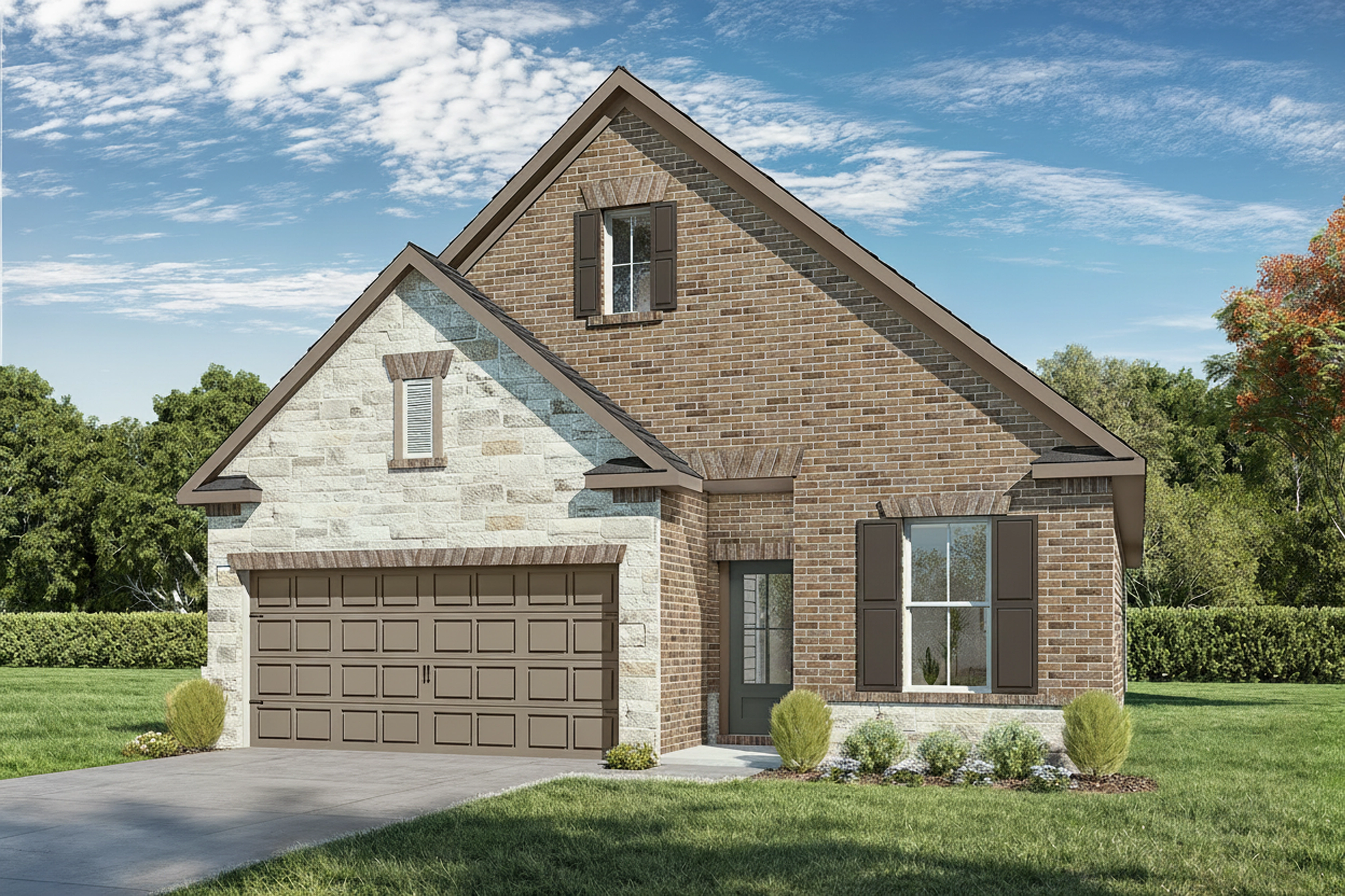 Brick and stone elevation of the Greenfield LA 3-bedroom single-story home with 2-car garage in Crosby, Texas