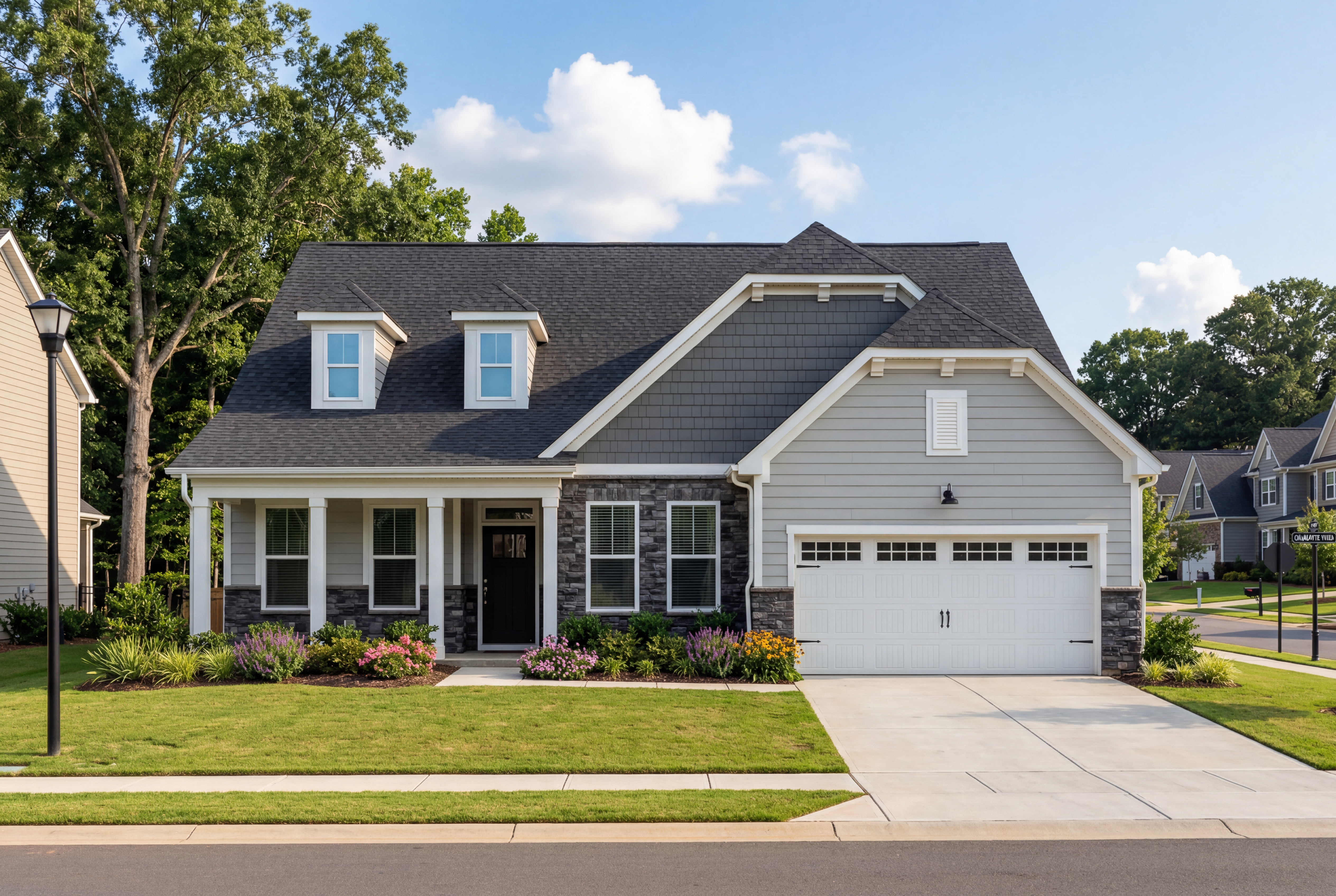 Craftsman-style Magnolia B exterior with gray siding, stone accents, covered porch, dormer windows, and 2-car garage in Mooresville neighborhood