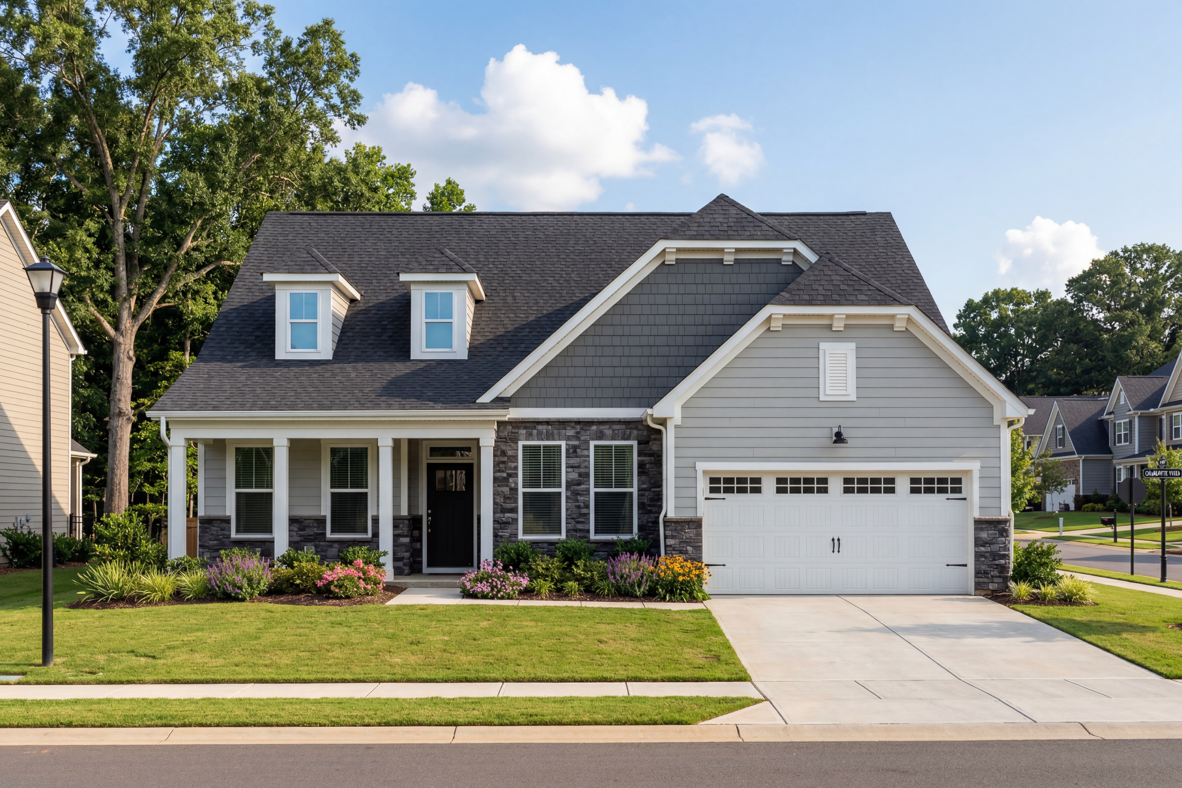 Craftsman-style Magnolia B exterior with gray siding, stone accents, covered porch, dormer windows, and 2-car garage in Mooresville neighborhood