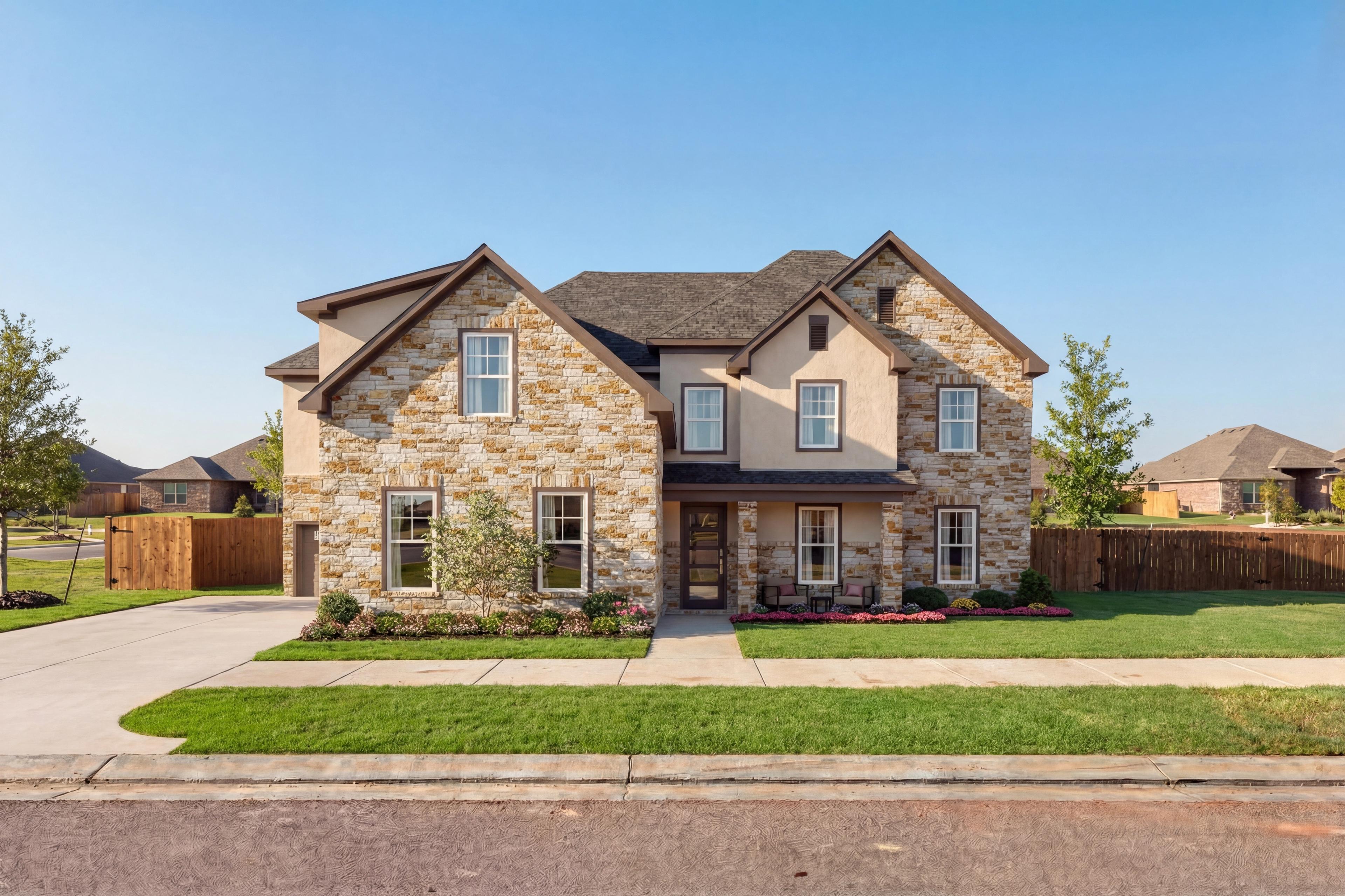 Two-story The Ashford G home elevation by Davidson Homes featuring stone accents, stucco siding, covered porch, and landscaped yard in Castroville Texas