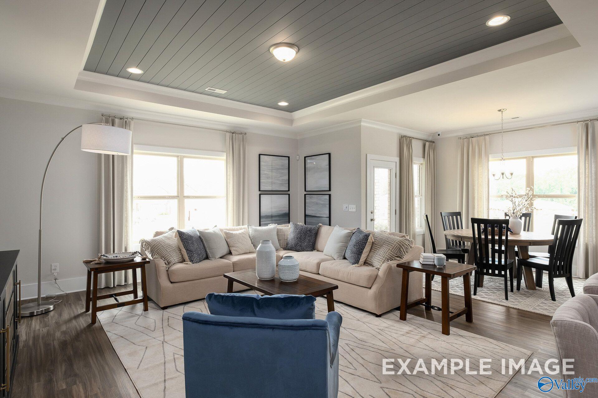 Open-concept living room with coffered shiplap ceiling and dining area in Davidson Homes The Daphne D, Toney, Alabama