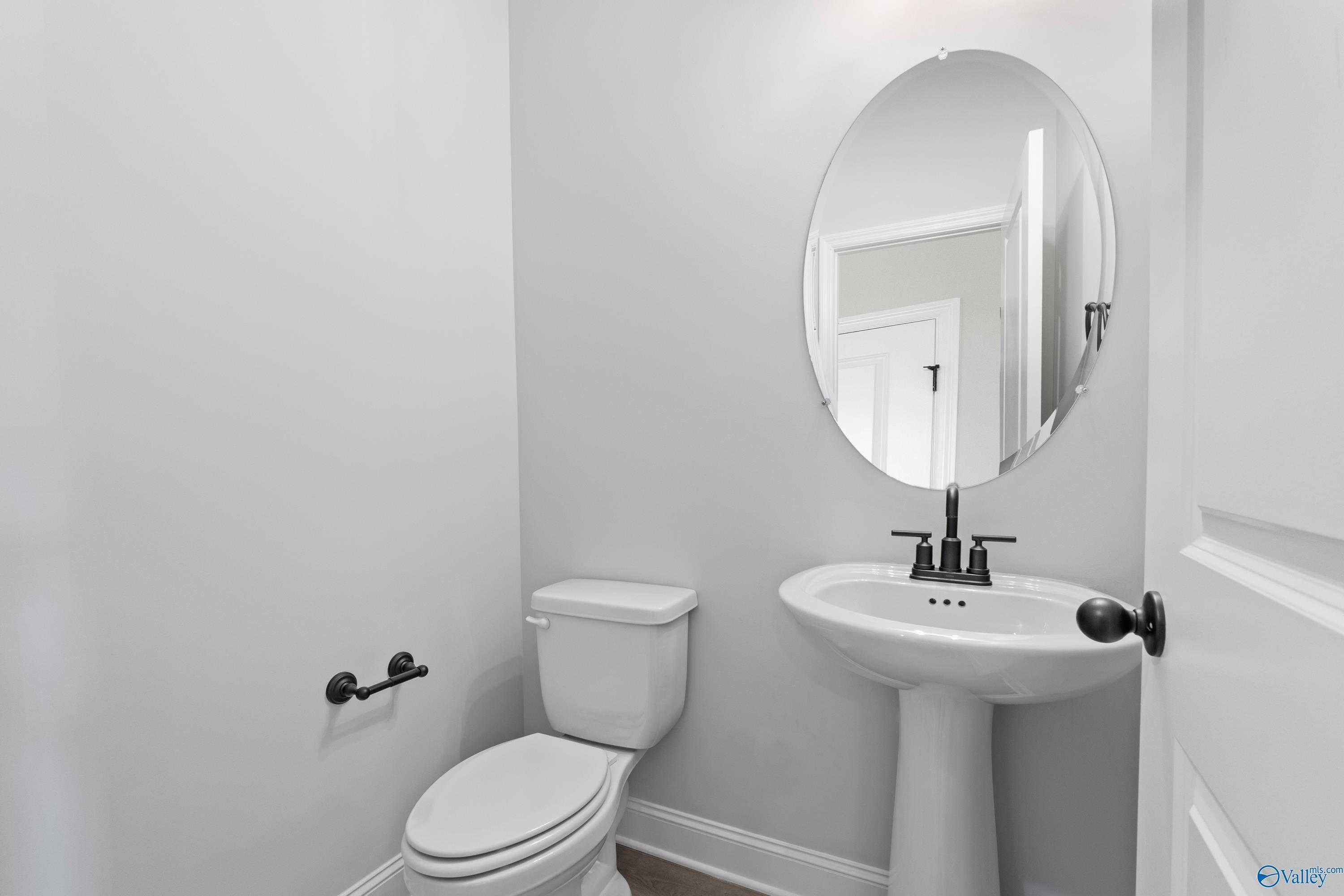 Modern powder room featuring pedestal sink, oval mirror, and white toilet in Davidson Homes The Rockford, Toney, Alabama