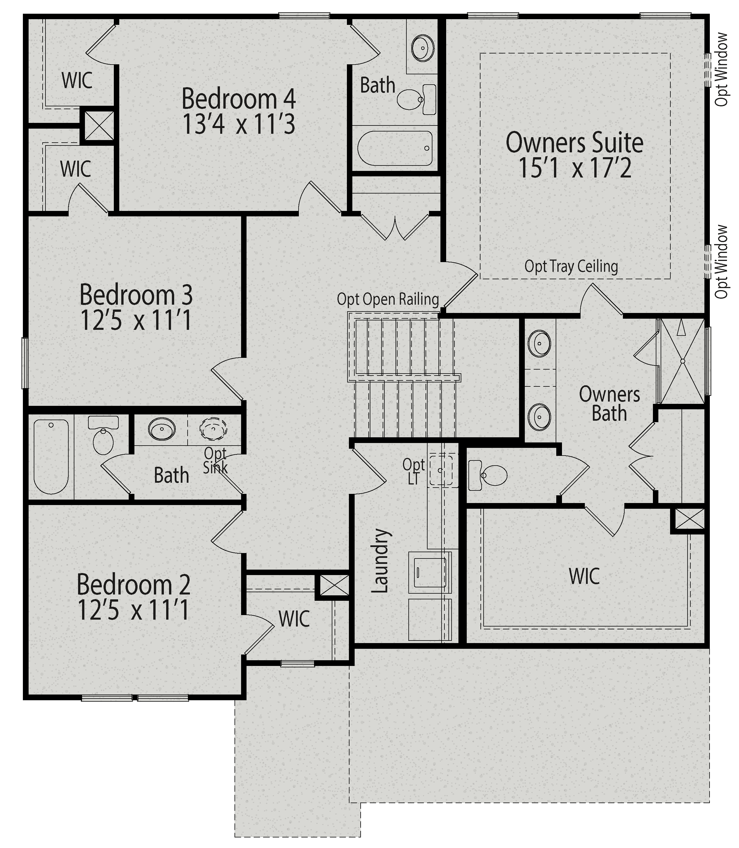 Second floor layout of The Hickory II showcasing owner's suite with tray ceiling, bedrooms 2-4, baths, laundry, and optional features
