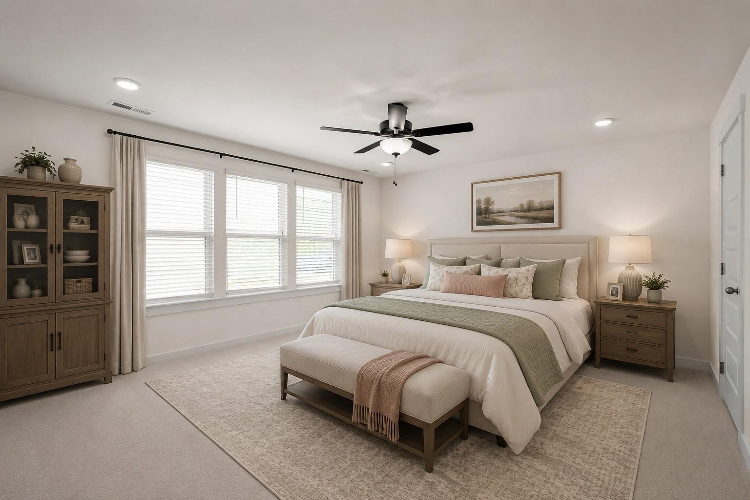 Spacious primary bedroom with neutral decor in The Willow floor plan at Woods Crossing, Gallatin, Tennessee.