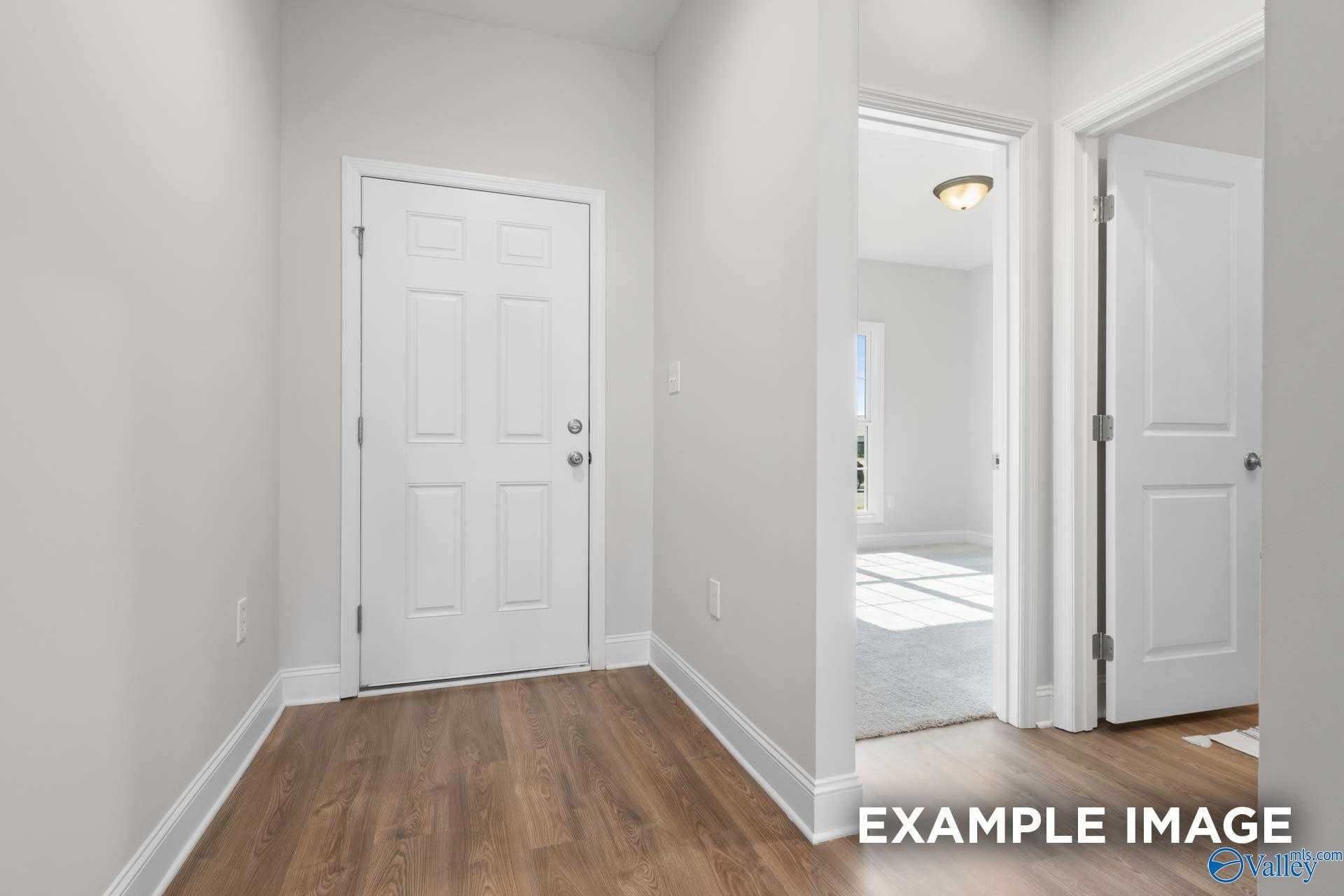 Bright hallway with white paneled doors and luxury vinyl plank flooring in Davidson Homes The Franklin C, Meridianville, Alabama