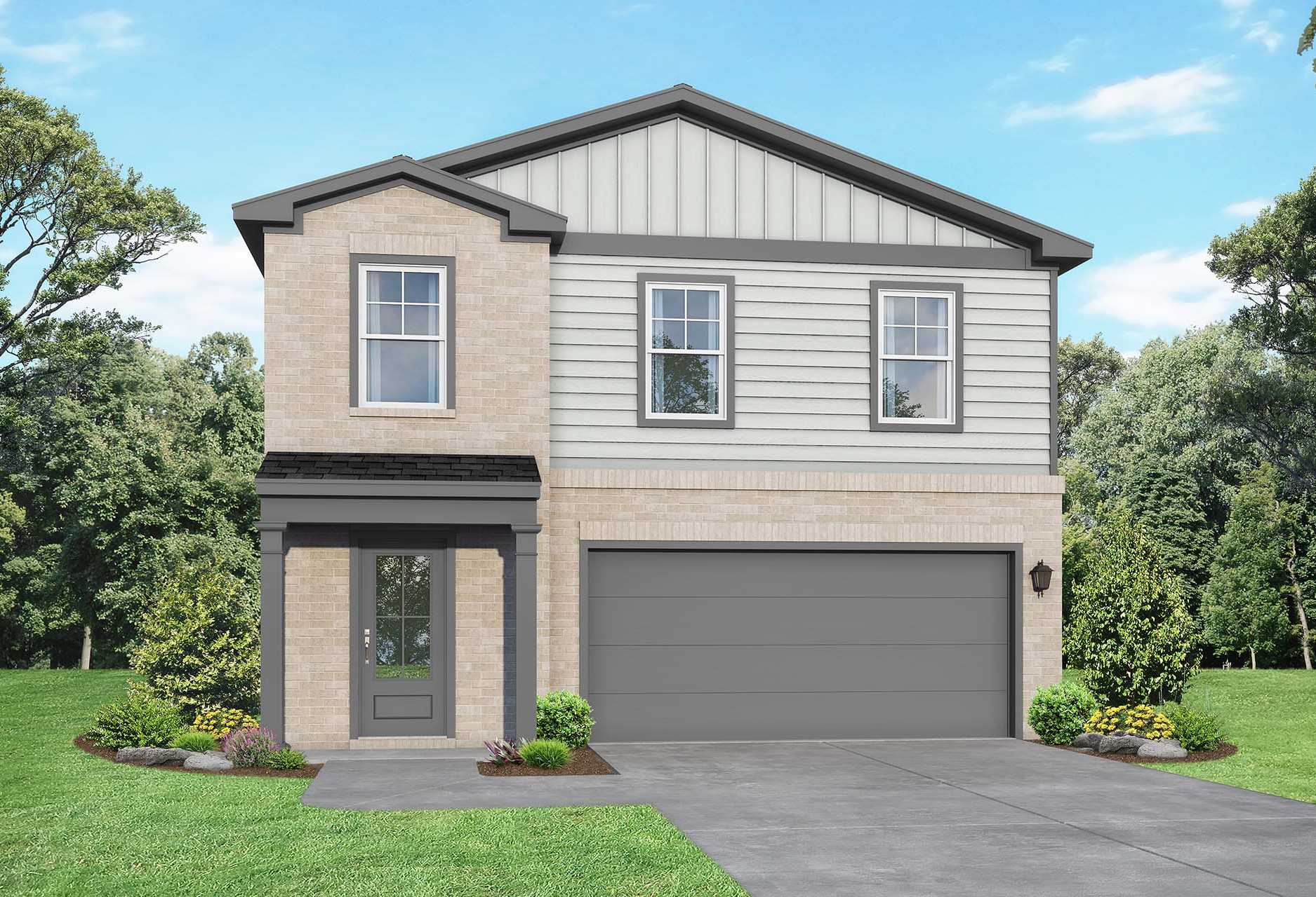 Two-story The Trinity home elevation by Davidson Homes, brick and siding facade, 2-car garage, covered porch, landscaped yard in Beasley Texas